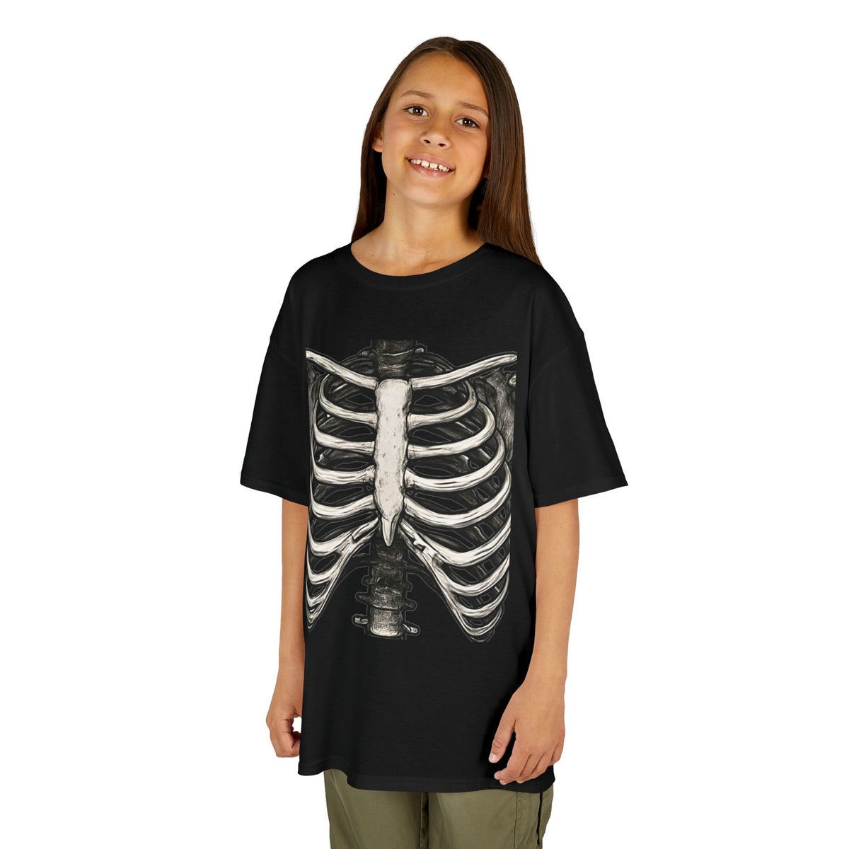 Kids skeleton ribcage graphic t-shirt in black, crew neck and short sleeves