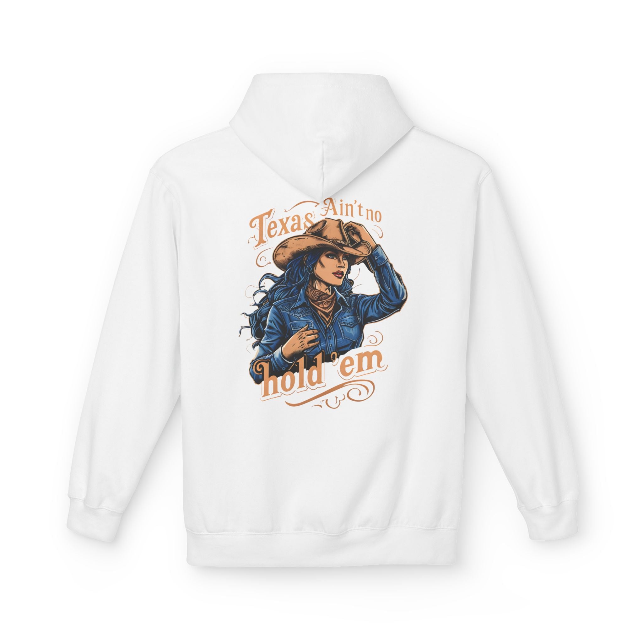 White cowgirl hoodie pullover with front graphic print of a hat-wearing cowgirl and 'hold 'em' text