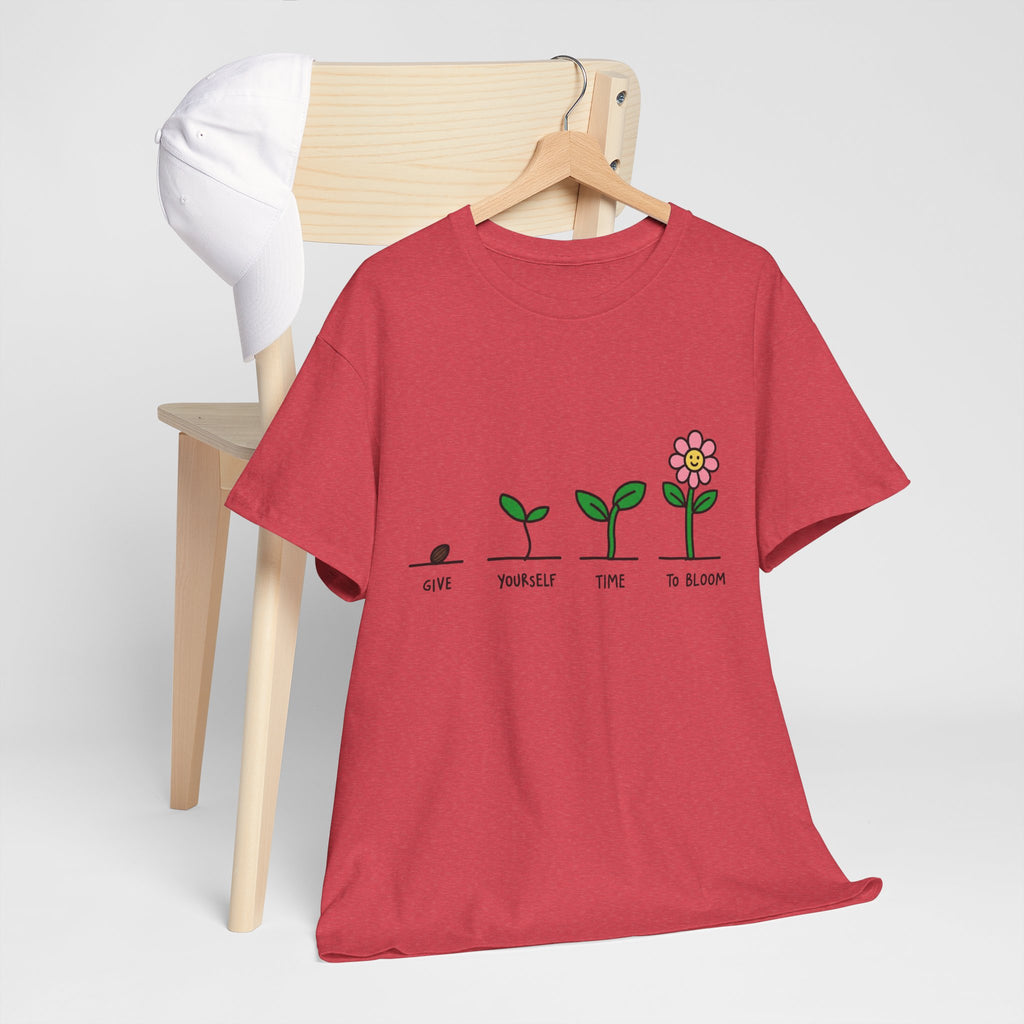 Red crew-neck t-shirt on hanger with plant and flower growth graphic