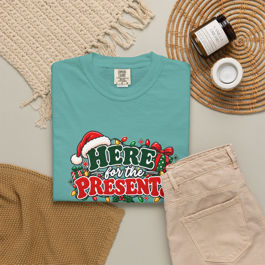 Seafoam crewneck T-shirt with holiday 'Here for the Presents' graphic