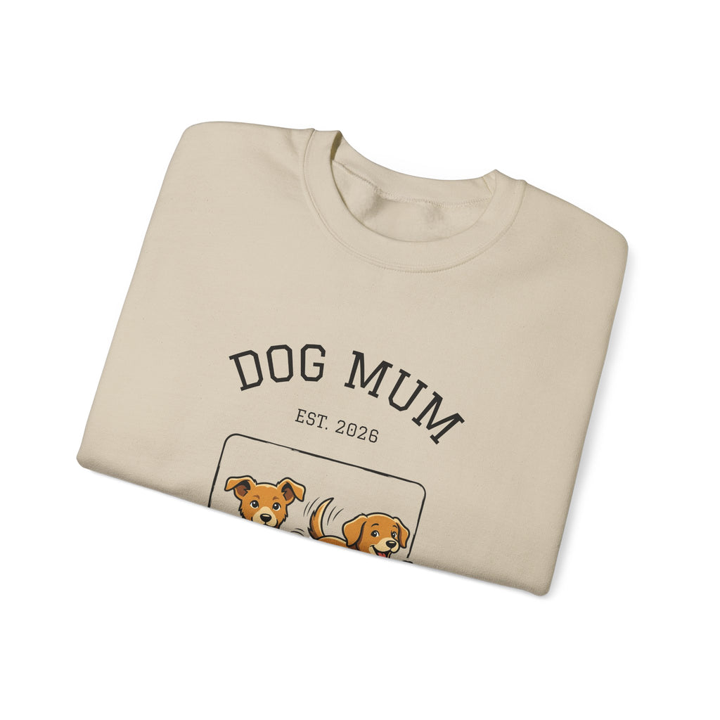 Sand crewneck sweatshirt with “DOG MUM” graphic and dogs illustration detail