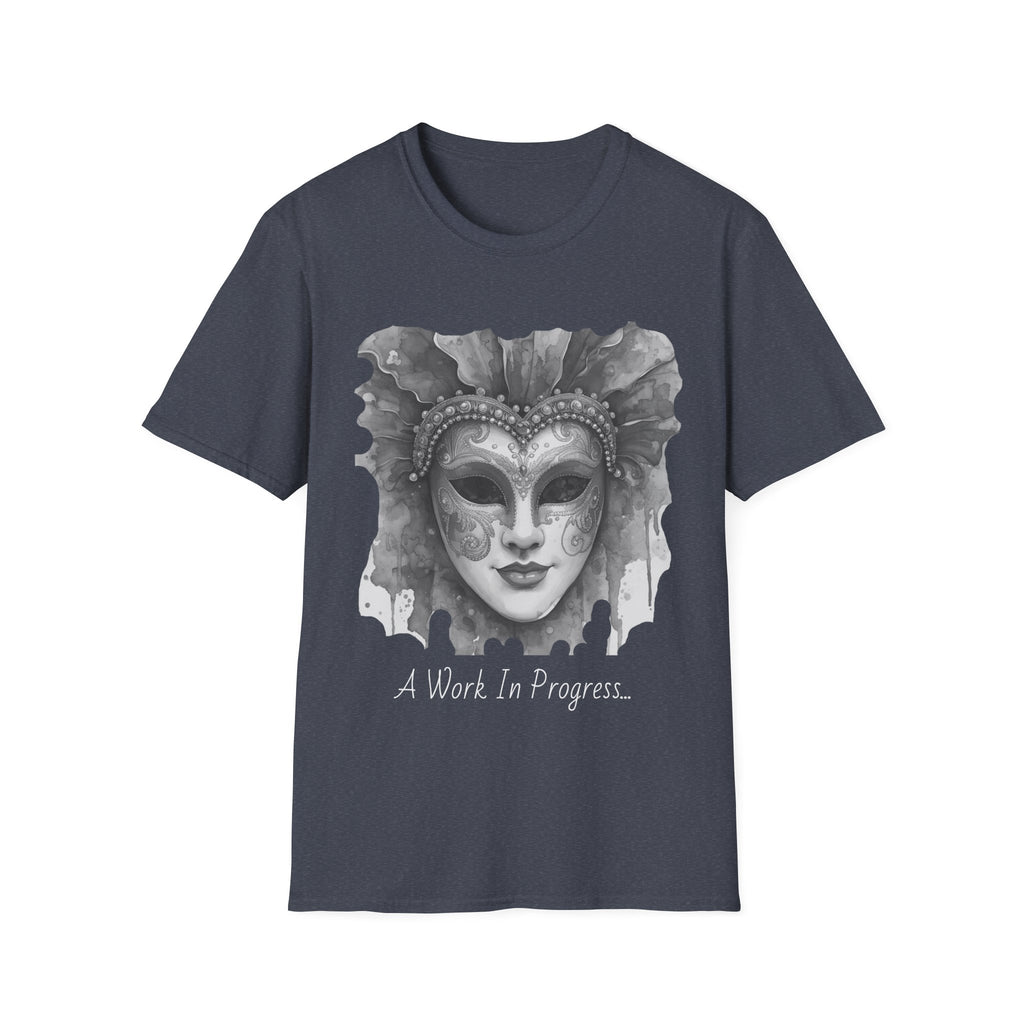 Charcoal face T-shirt with masquerade mask graphic and 'Work In Progress' print