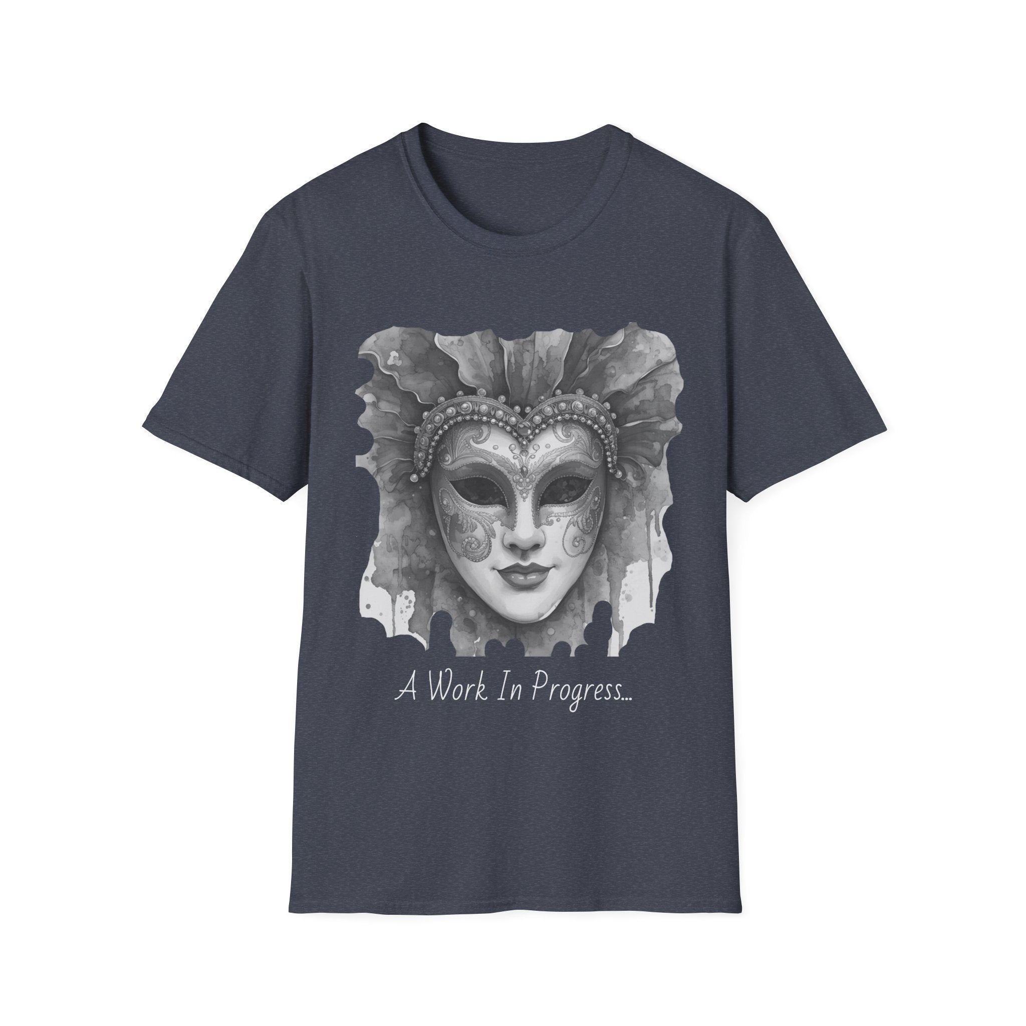 Charcoal face T-shirt with masquerade mask graphic and 'Work In Progress' print