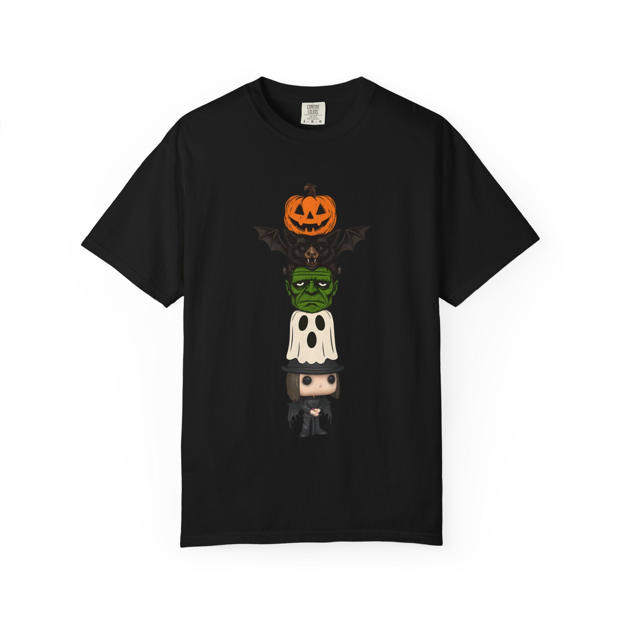 Halloween Totem Tee — Stacked Pumpkin, Bat, Frankenstein, Ghost & Prince of Darkness POP Graphic T-Shirt