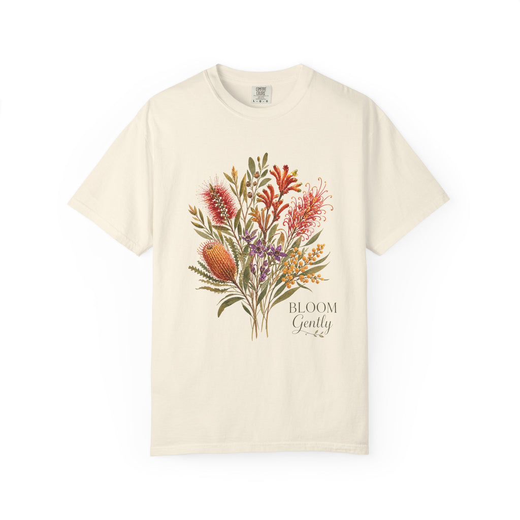 Ivory floral bouquet graphic t-shirt with “Bloom Gently” text on the chest.