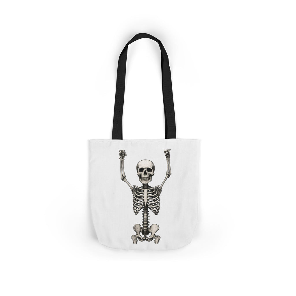 Skeleton graphic white canvas tote bag with black top handles and stitched seams.