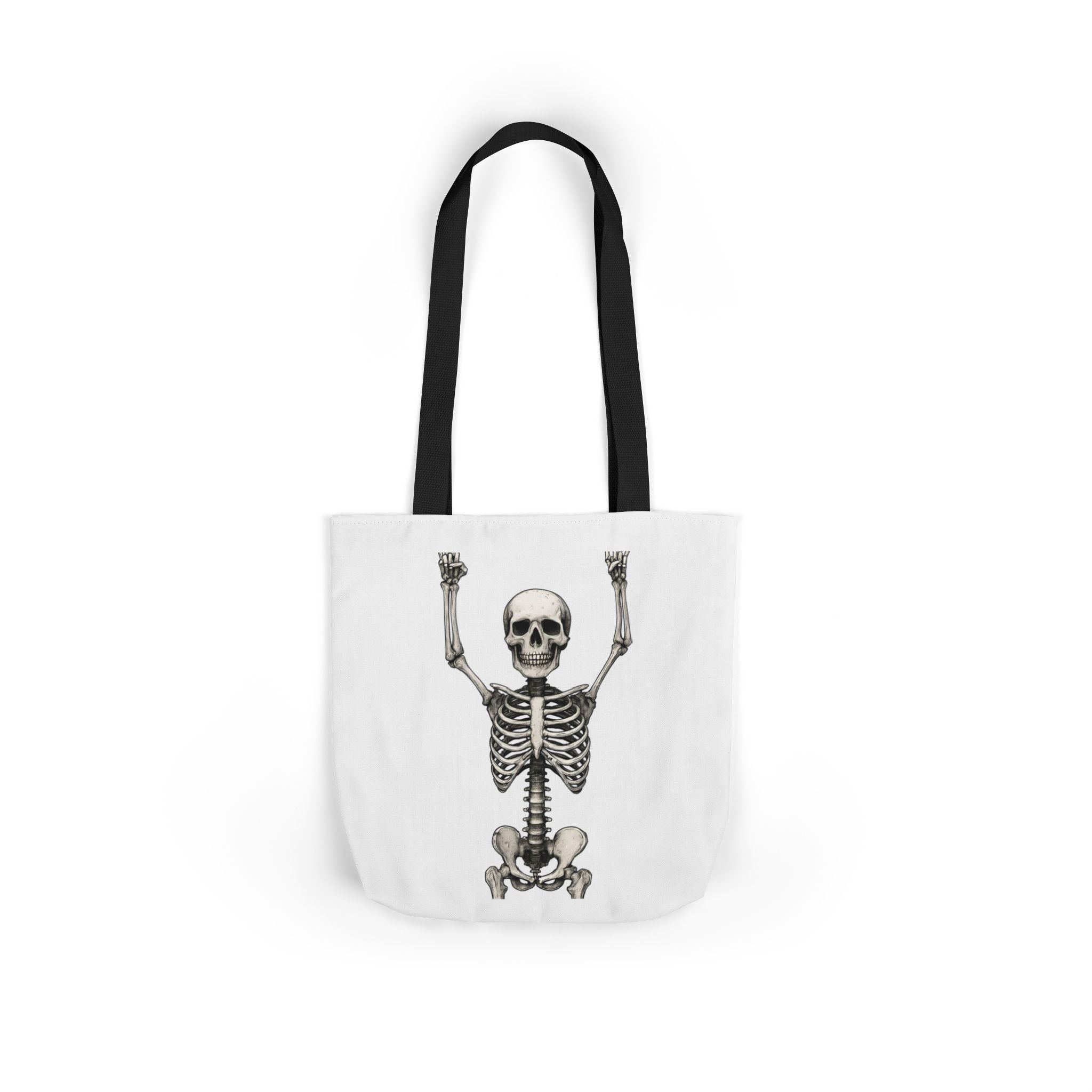 Skeleton graphic white canvas tote bag with black top handles and stitched seams.