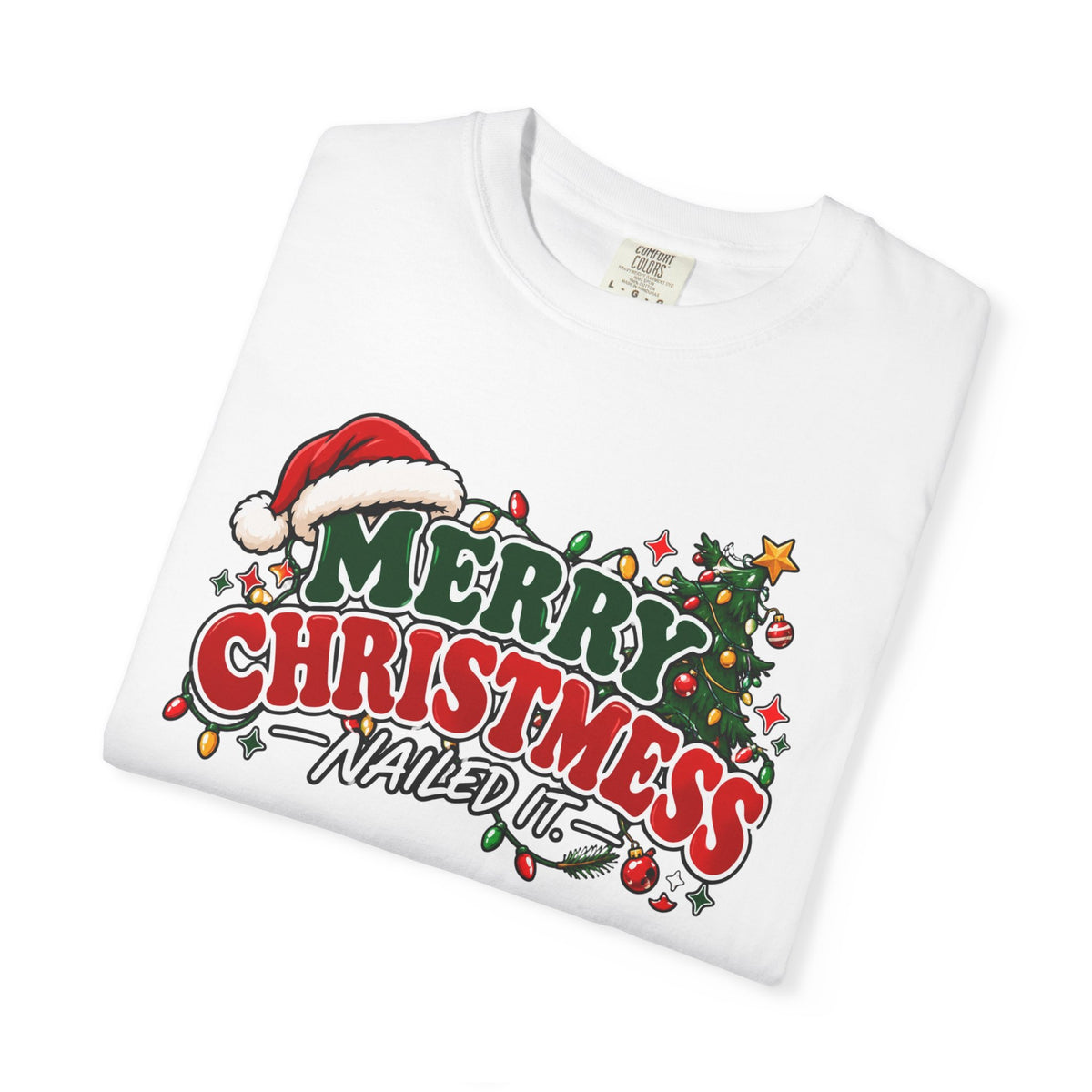 White crewneck Christmas t-shirt with 'Merry Christmas Nailed It' front graphic