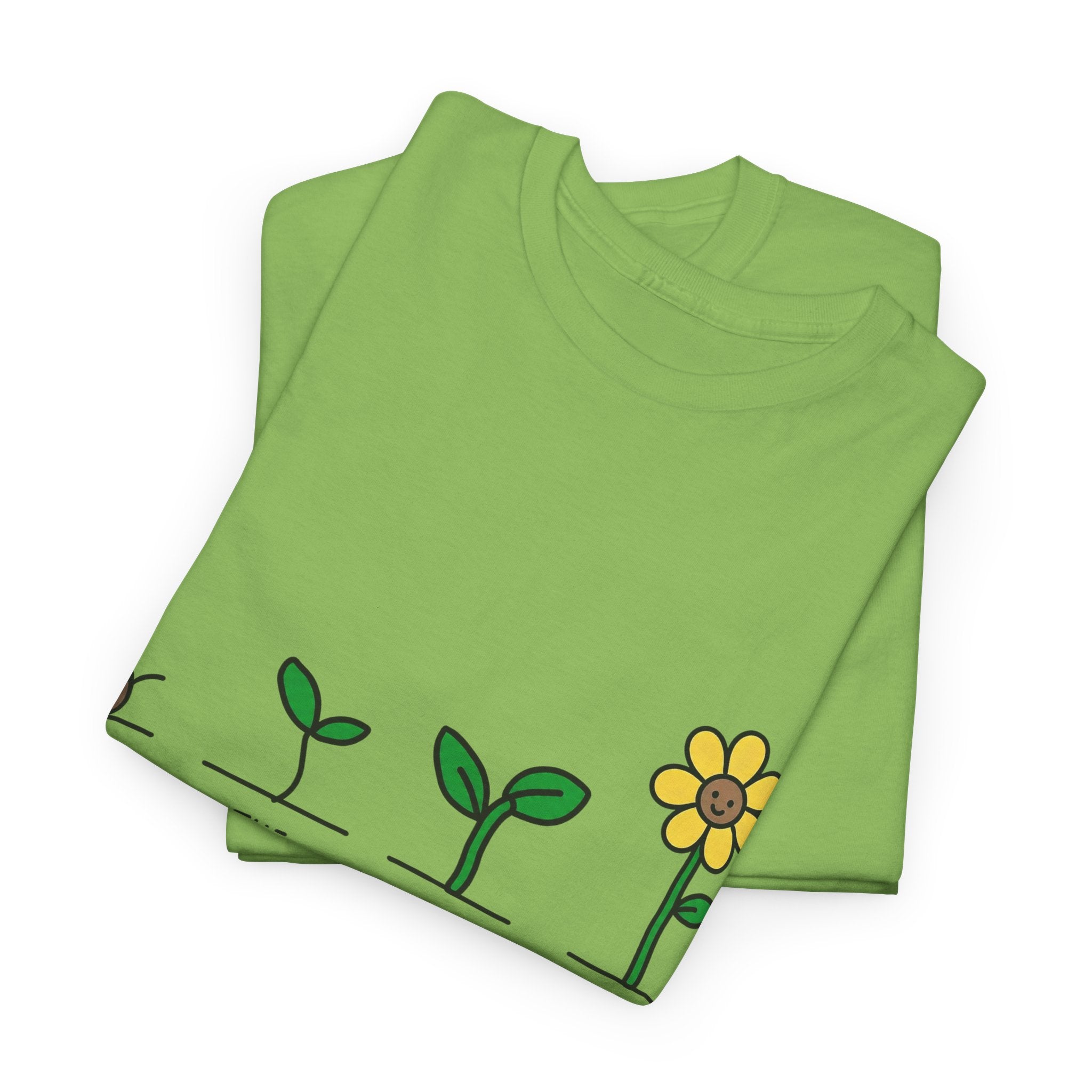 Light green T-shirt with sprout-to-flower graphic on the front