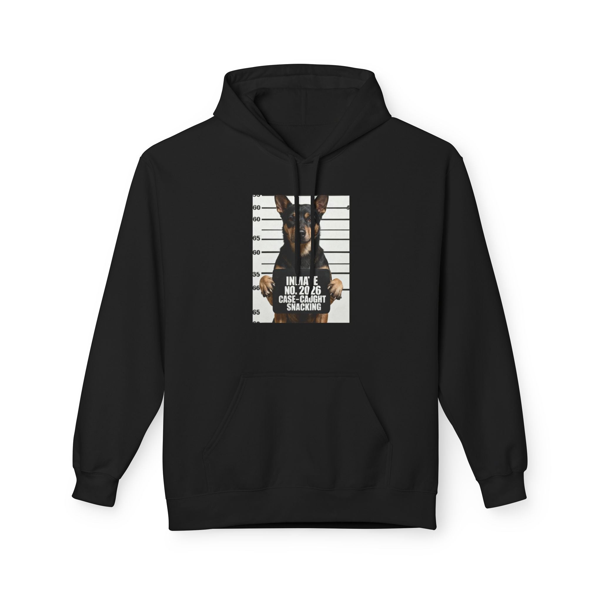 Black hoodie with front chest graphic, kangaroo pocket, and drawstring hood.