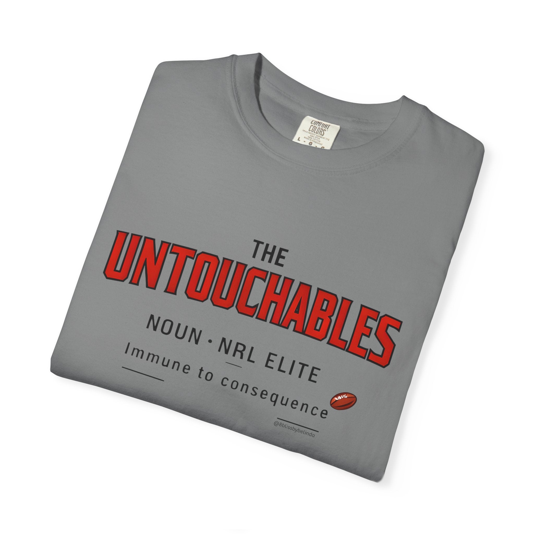 Grey crew-neck T-shirt with 'The Untouchables' red-and-black definition graphic on front