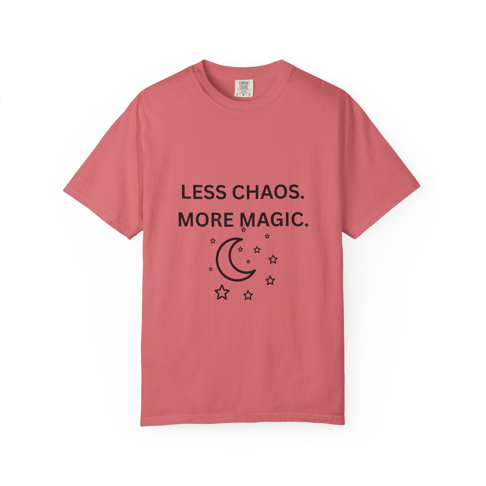 Rose T-shirt with “LESS CHAOS. MORE MAGIC.” moon and stars graphic
