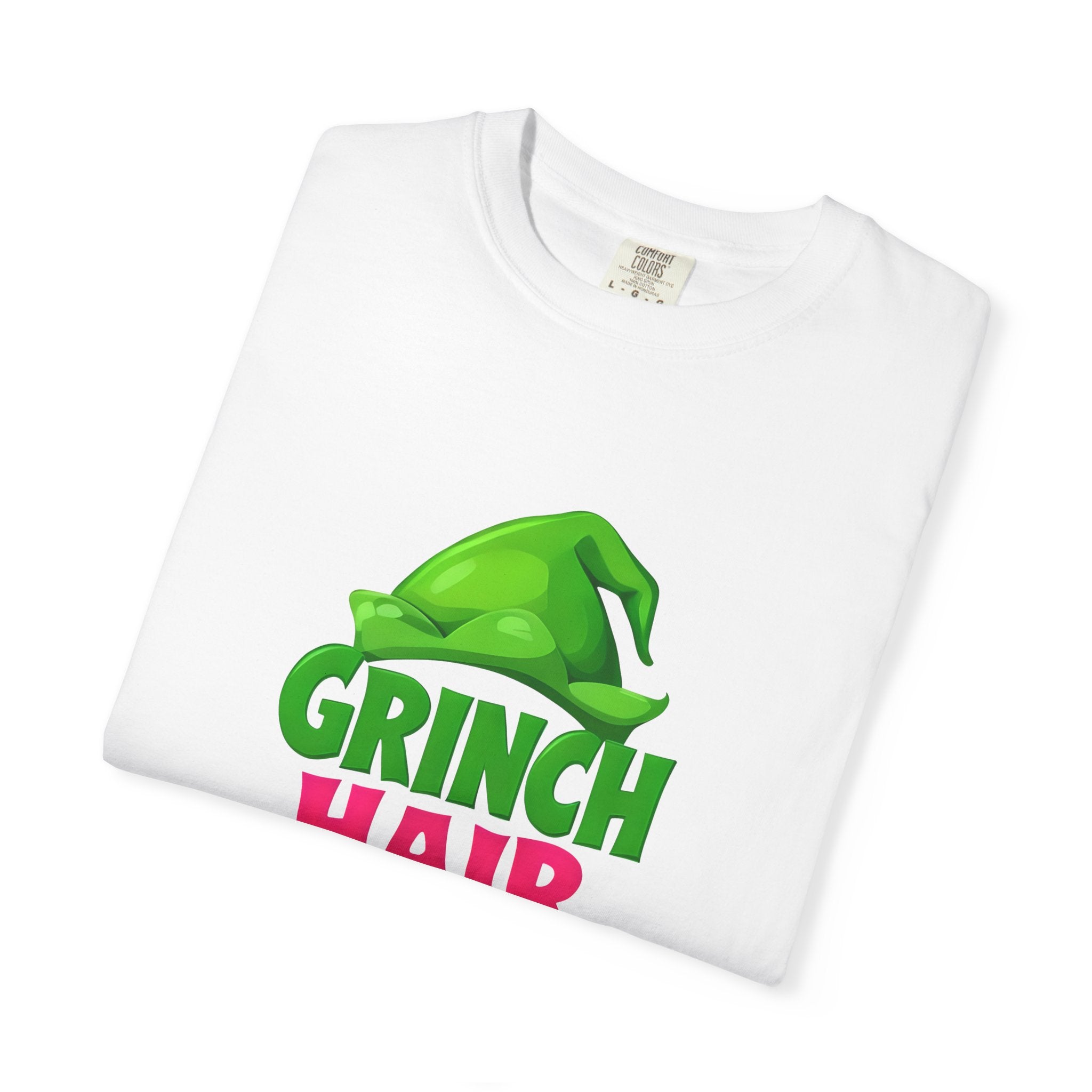 White T-shirt with large Grinch Hair Don't Care text graphic, crew neck