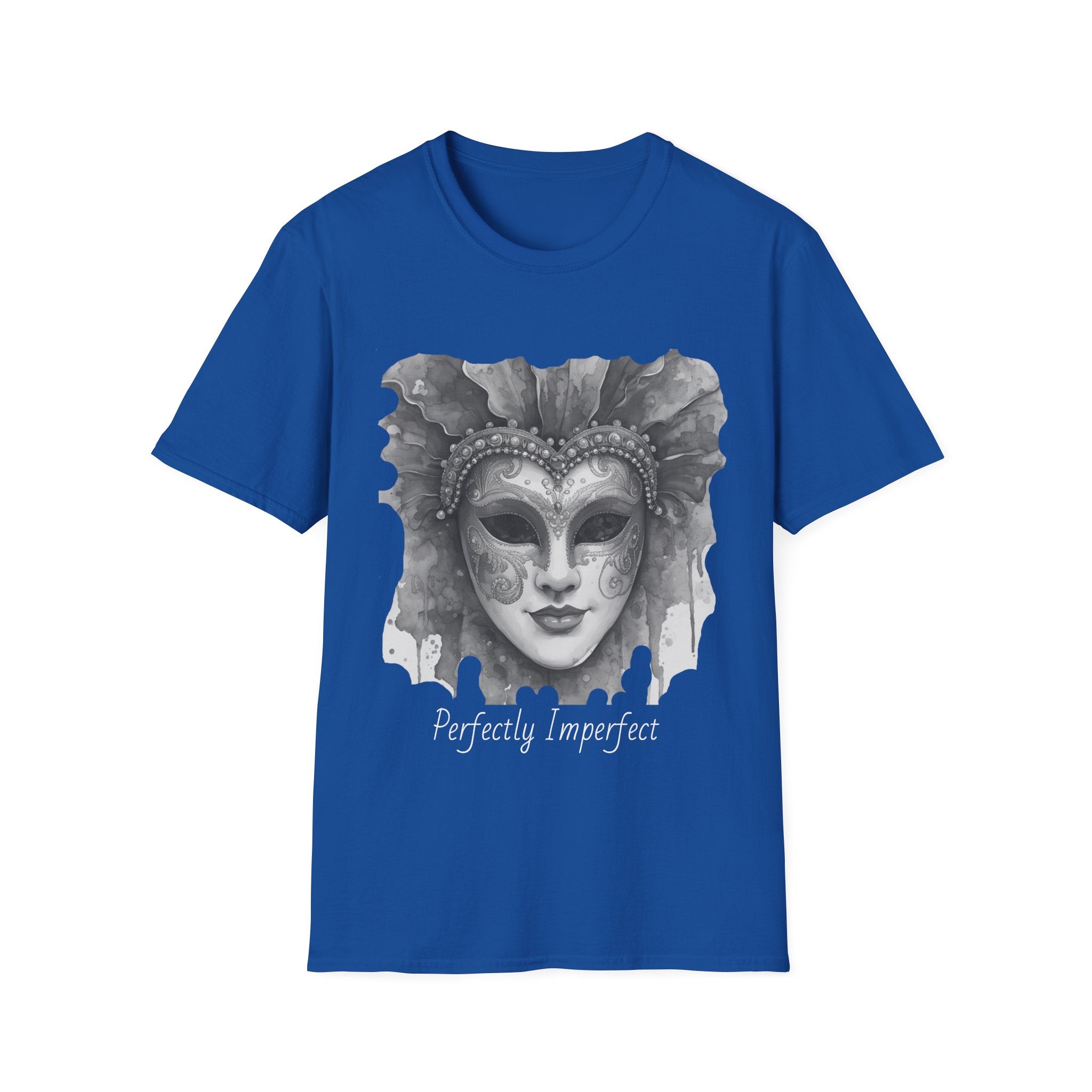 Masquerade face T-shirt in royal blue with grayscale mask graphic and “Perfectly Imperfect” text