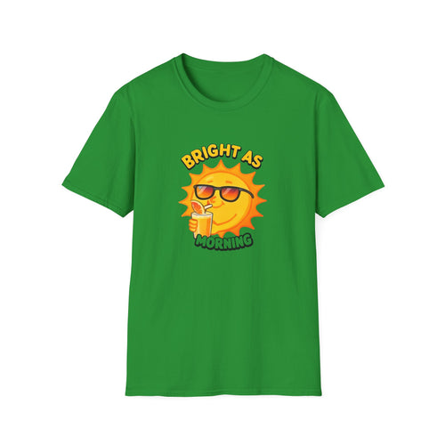 Green crew-neck T-shirt with centered sun-with-drink graphic and “BRIGHT AS MORNING” text