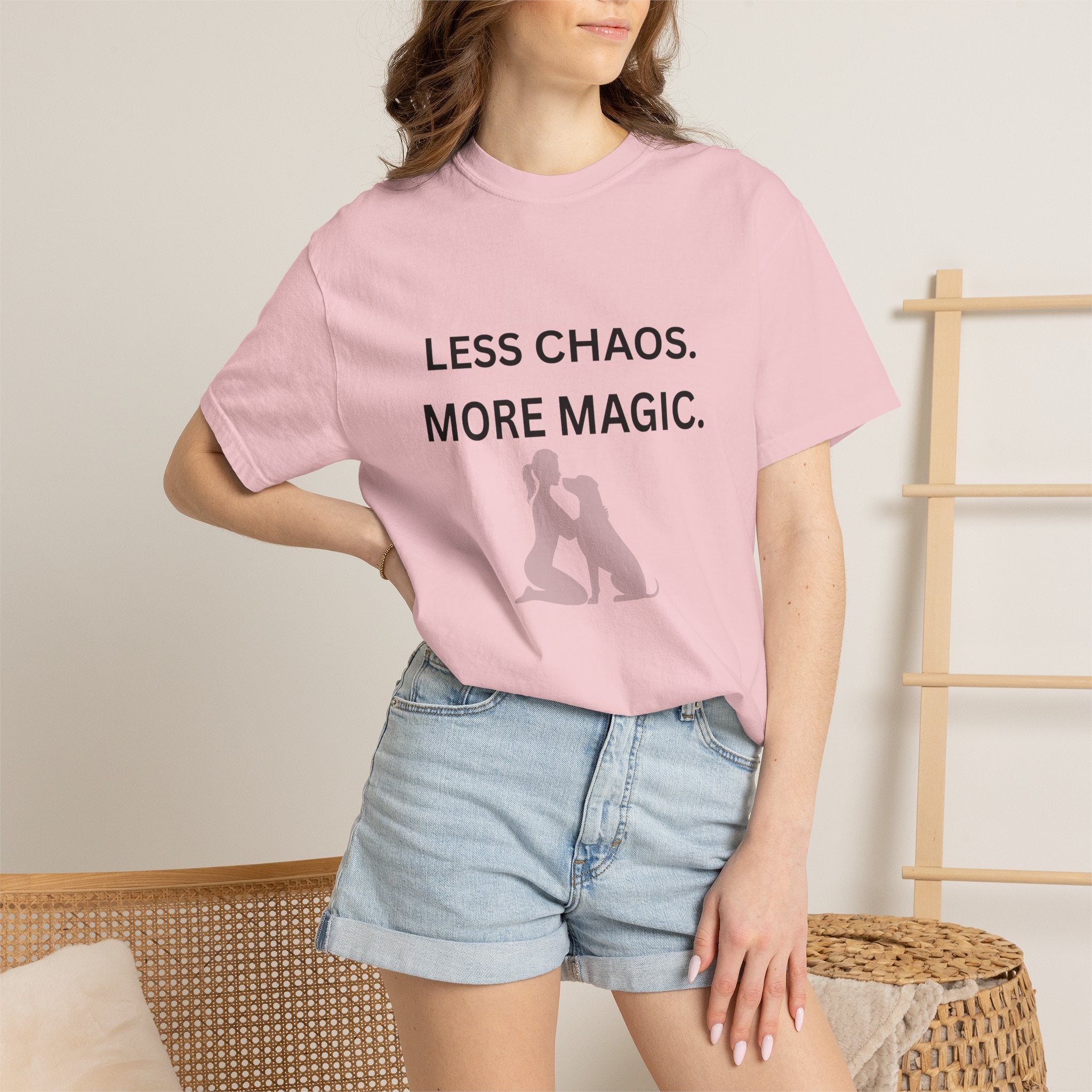 Less Chaos, More Magic T-Shirt — Woman + Dog Silhouette Graphic Tee