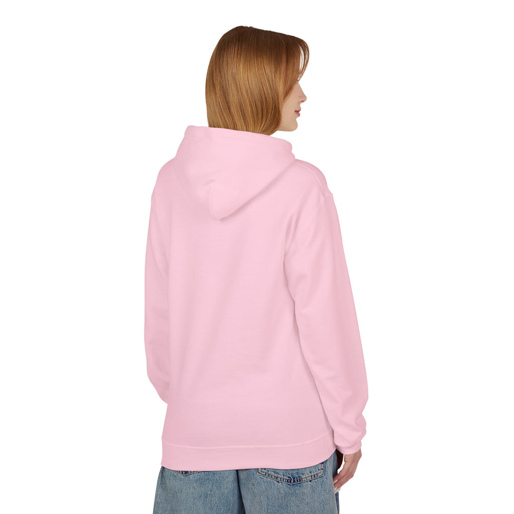 Pink hoodie back view with pullover hood and relaxed fit