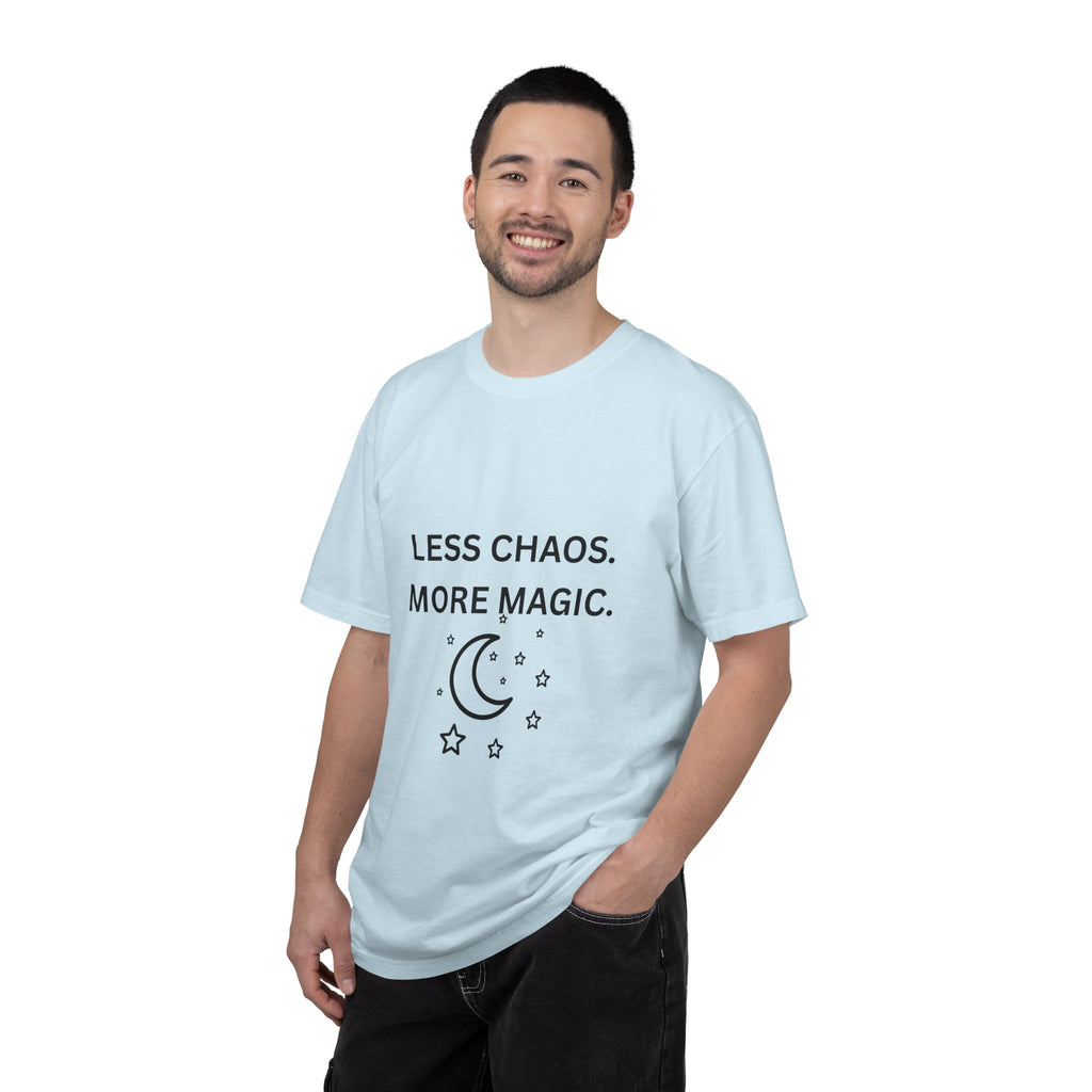 Less Chaos, More Magic T-Shirt — Crescent Moon + Stars Graphic Tee
