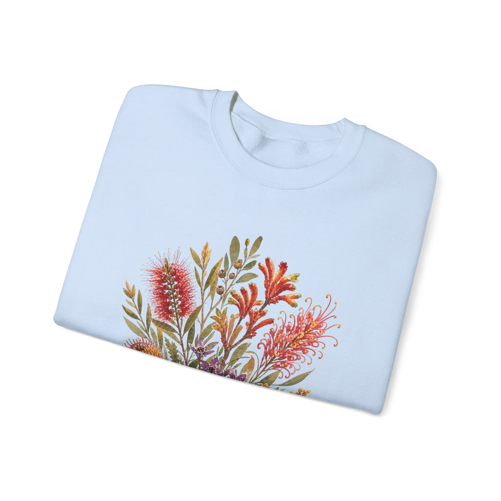 Light blue crewneck sweatshirt with colorful floral bouquet graphic on front