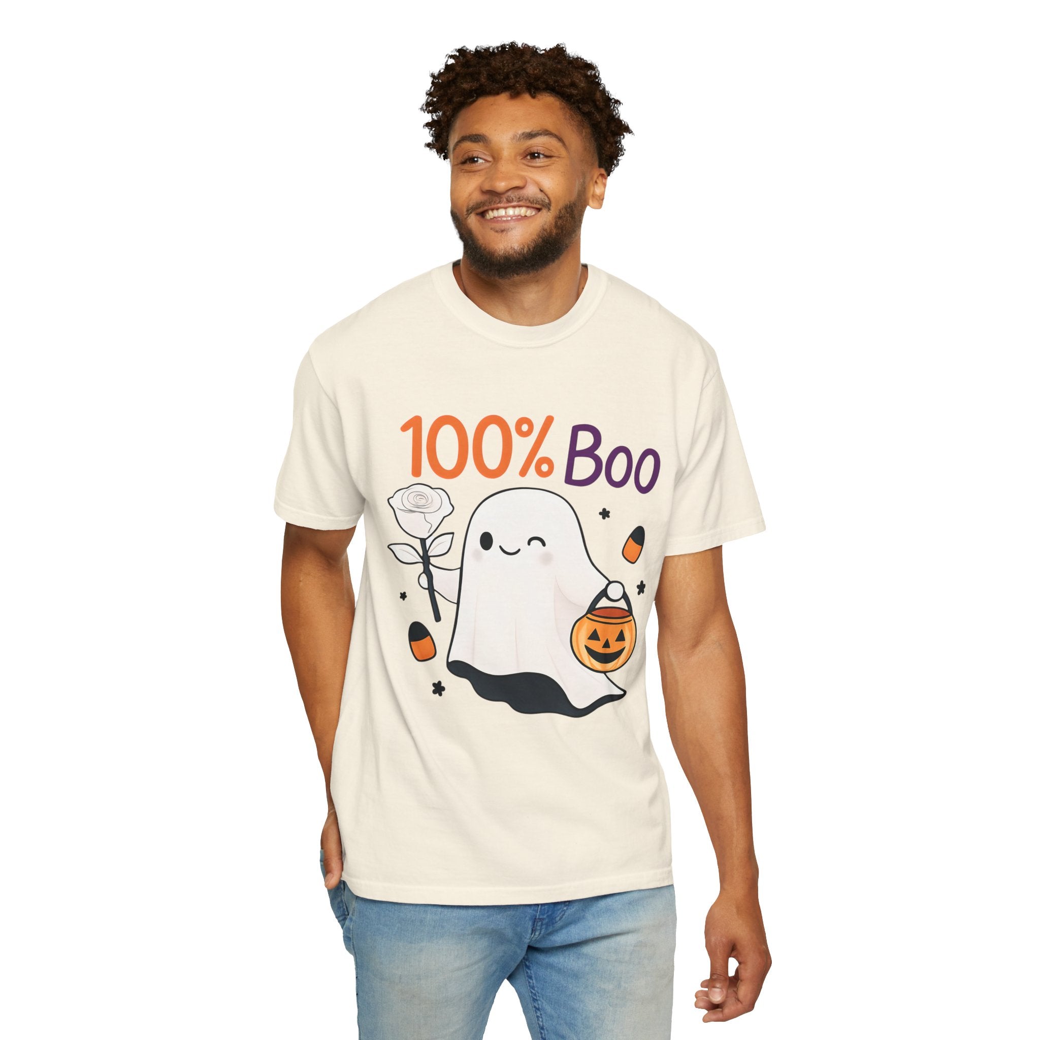 White Halloween t-shirt with '100% Boo' ghost and pumpkin graphic