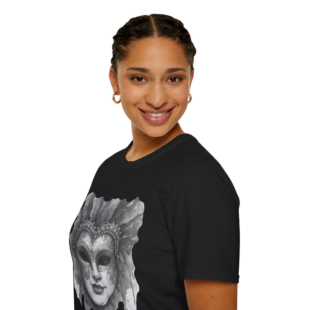 Black crewneck t-shirt on model, featuring large grey masquerade face mask graphic