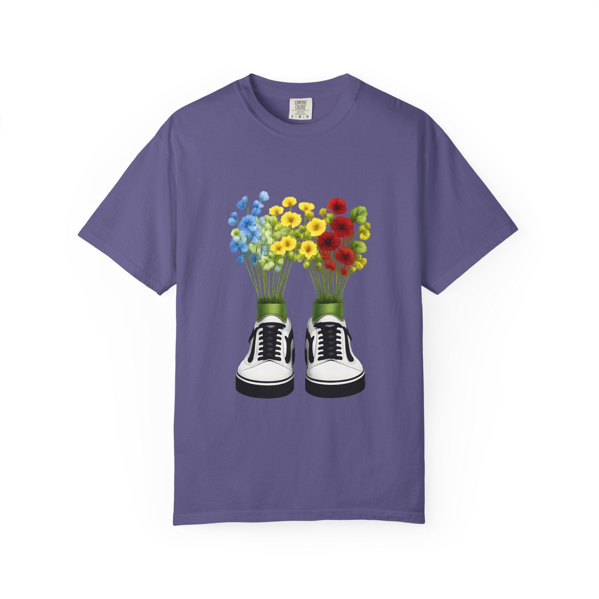 Violet T-shirt with sneaker-and-flower bouquet graphic centered on the front