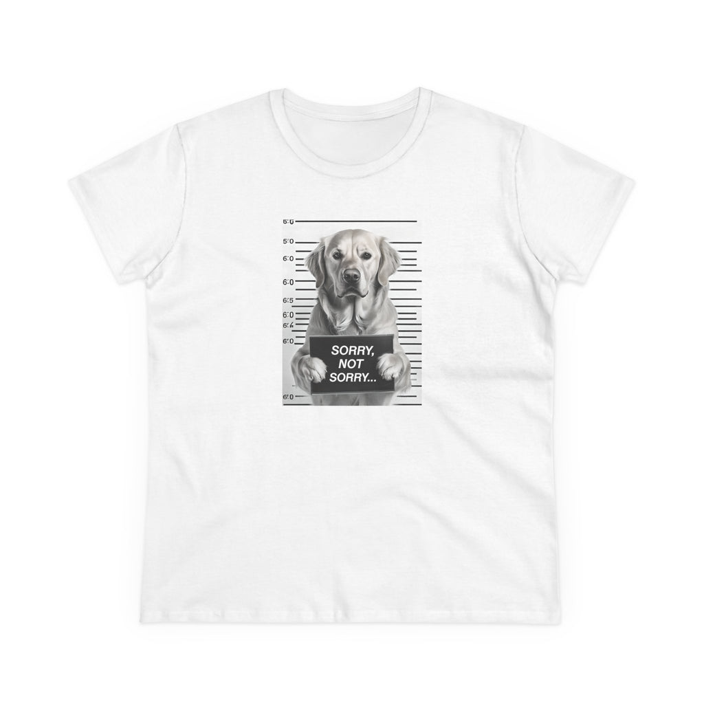 White cotton T-shirt with grayscale dog mugshot print, 'SORRY NOT SORRY...'