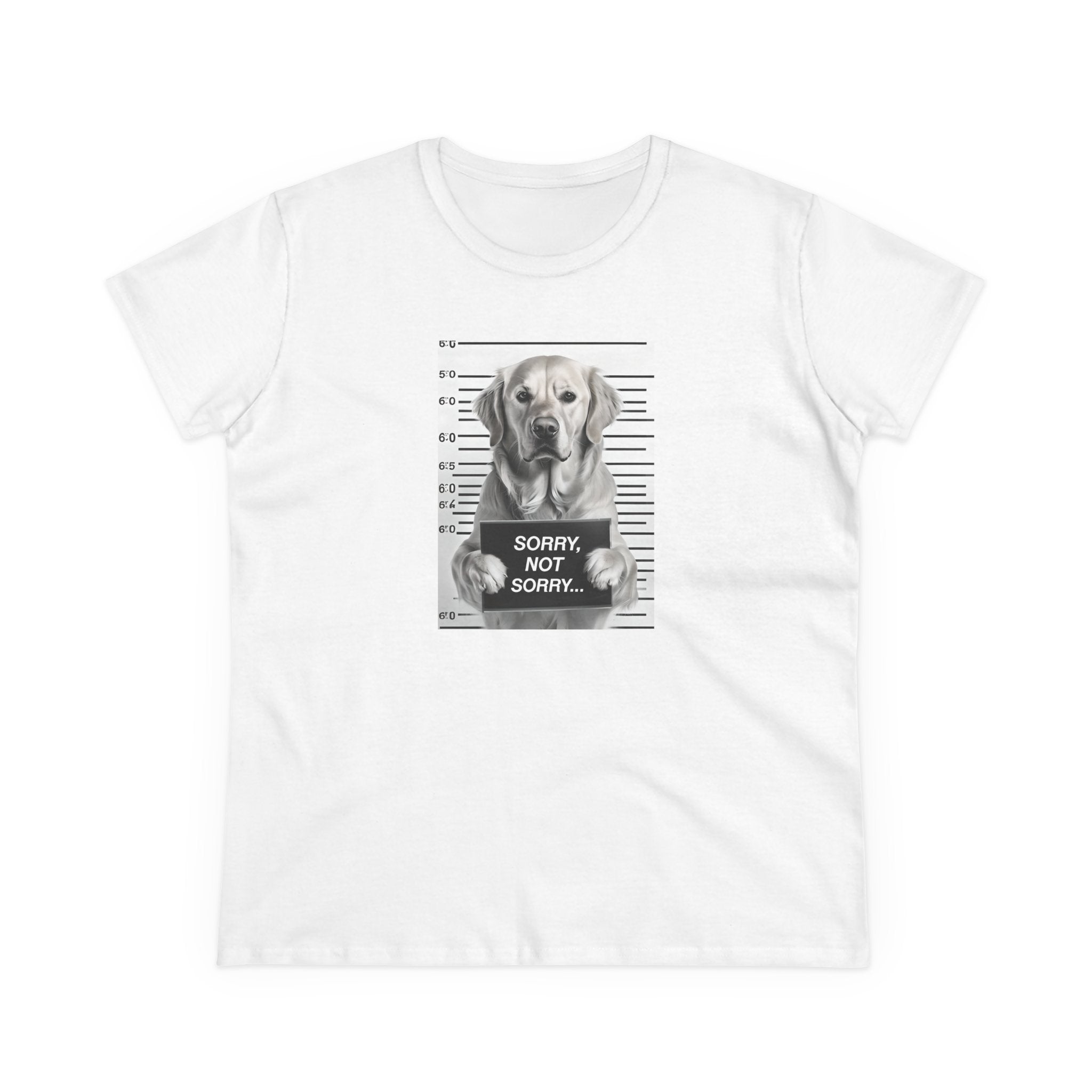 White cotton T-shirt with grayscale dog mugshot print, 'SORRY NOT SORRY...'
