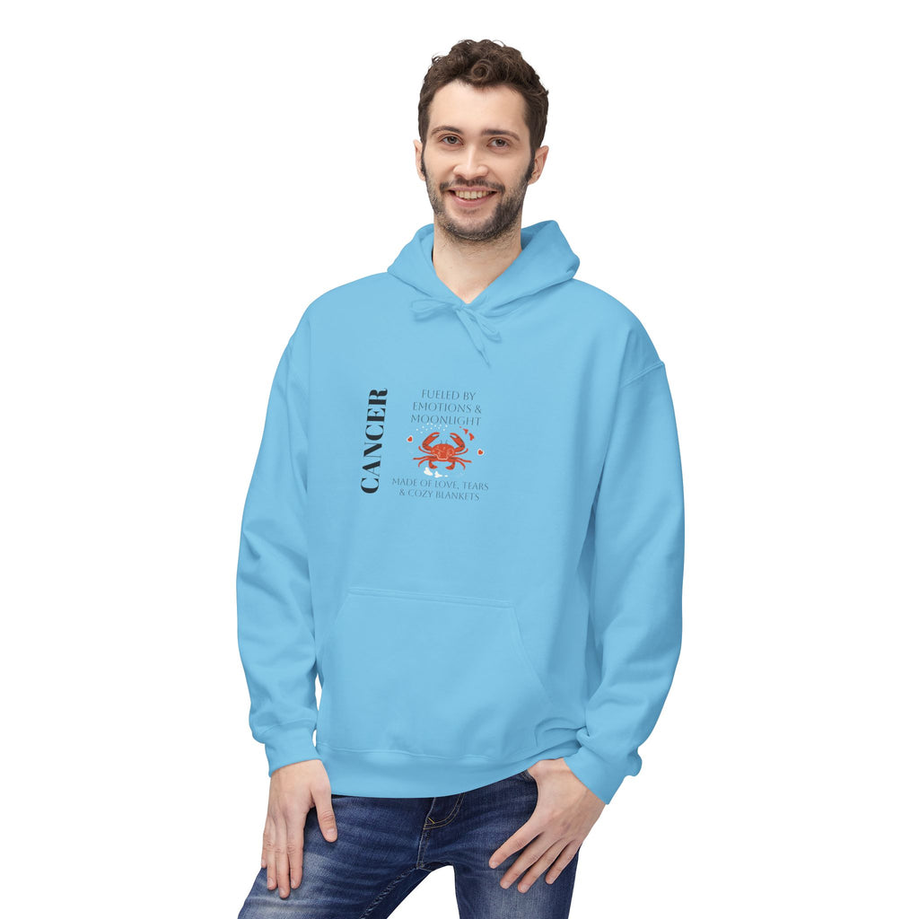Light blue hoodie on male model, Cancer crab graphic on chest and kangaroo pocket