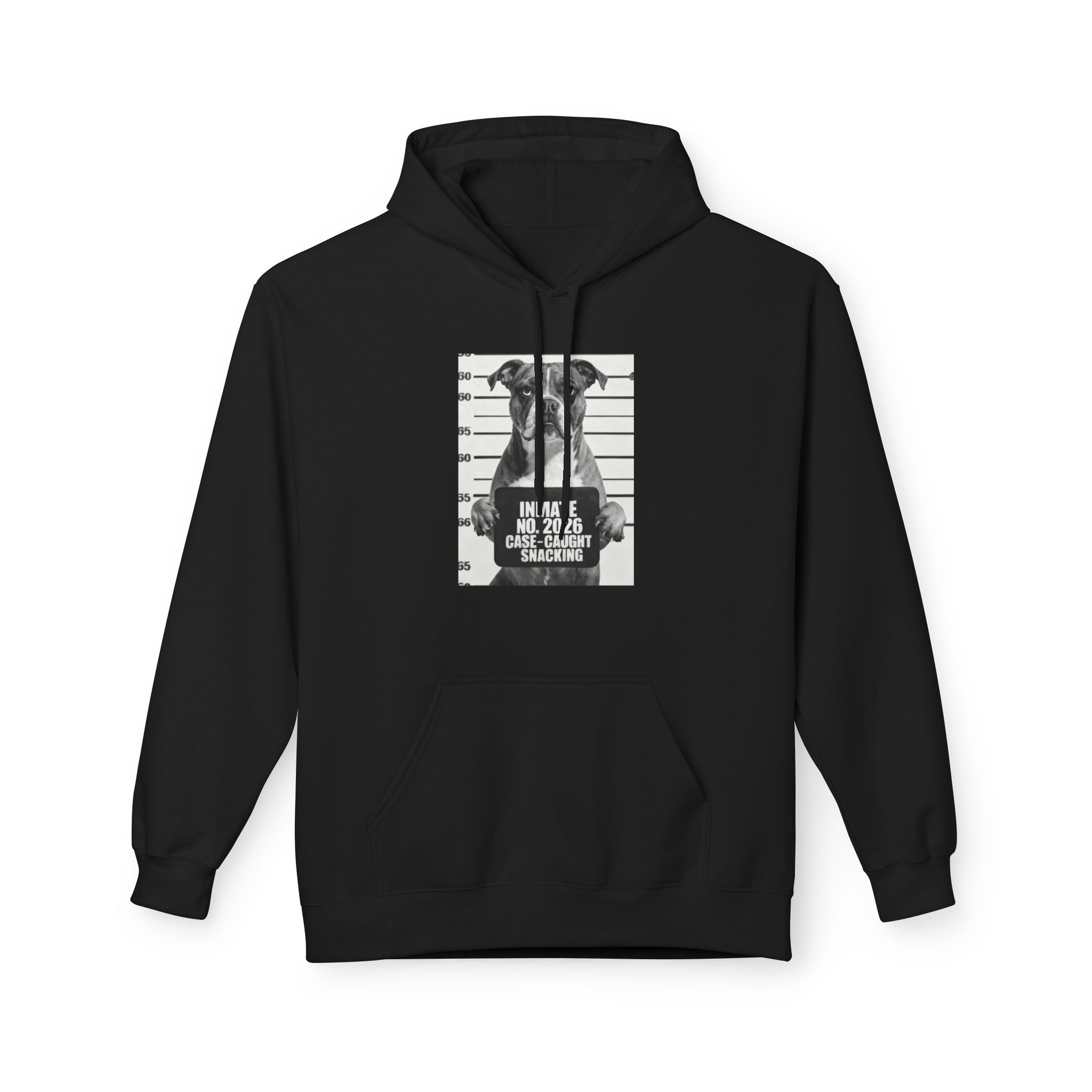 Black hoodie with drawstring hood and kangaroo pocket, dog mugshot graphic on center chest.
