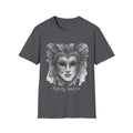 Masquerade face T-shirt in dark heather gray with grayscale mask graphic and “Perfectly Imperfect” text