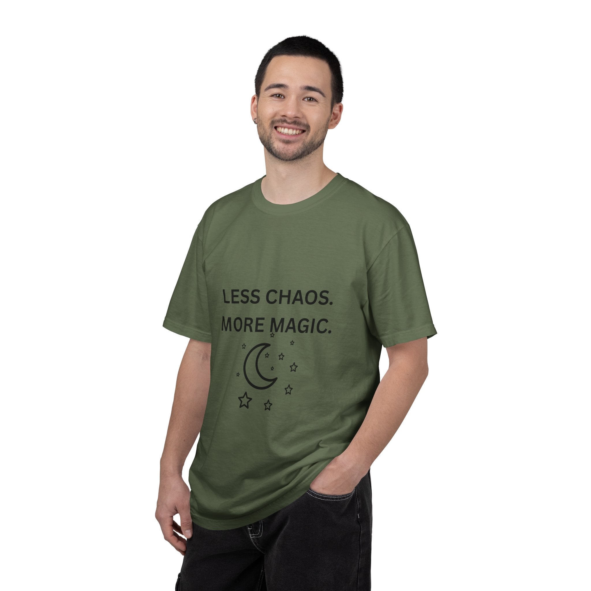 Less Chaos, More Magic T-Shirt — Crescent Moon + Stars Graphic Tee