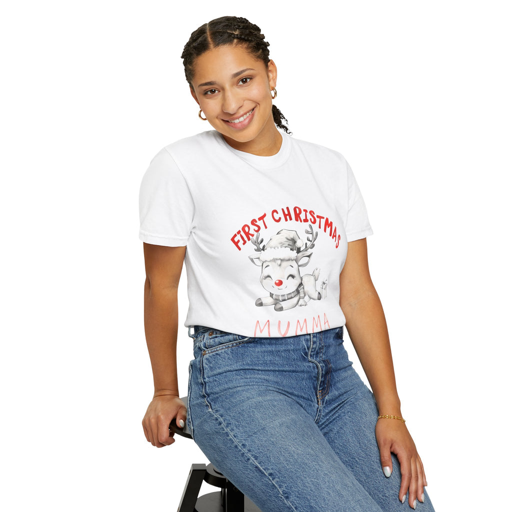 White baby Christmas T-shirt worn by a model, with reindeer and “MUMMA 2025” text