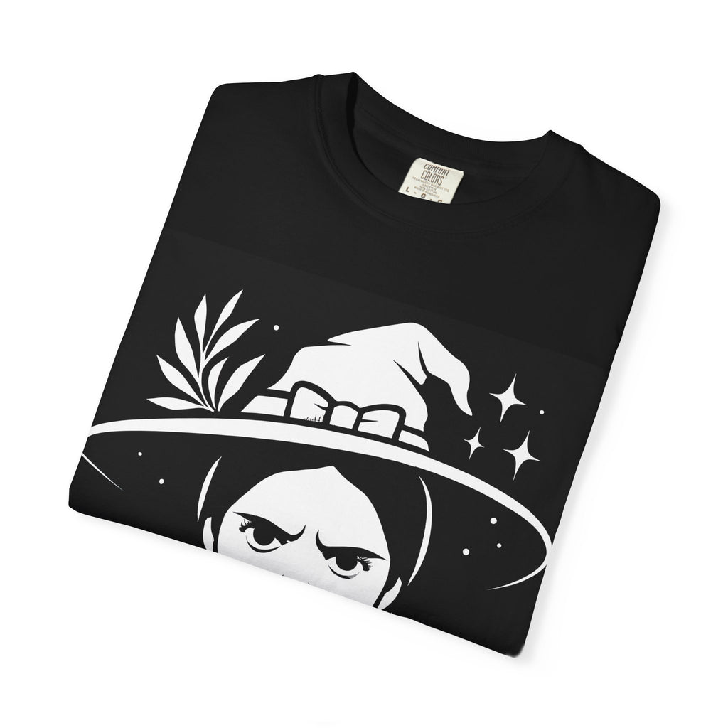 Black T-shirt with close-up white witch hat and hand graphic