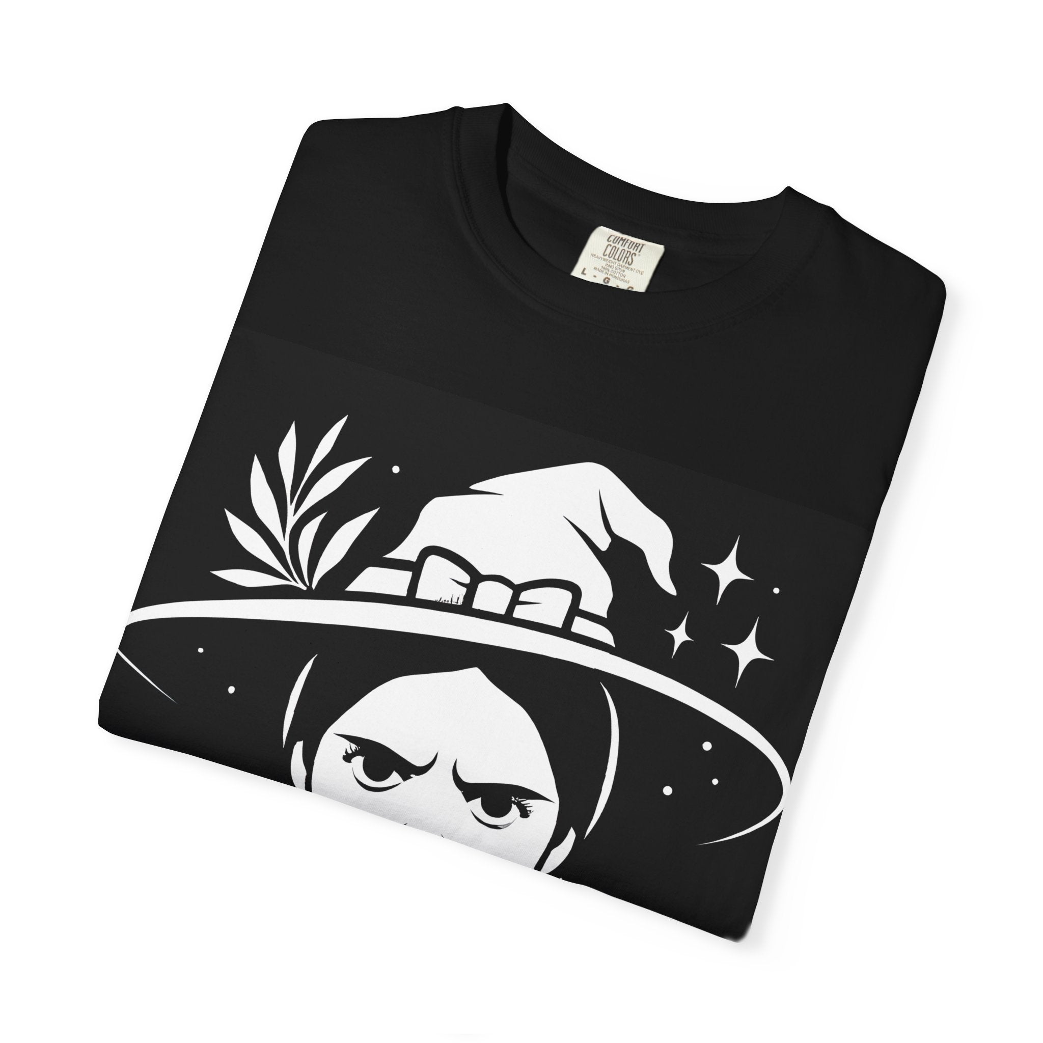 Black T-shirt with close-up white witch hat and hand graphic