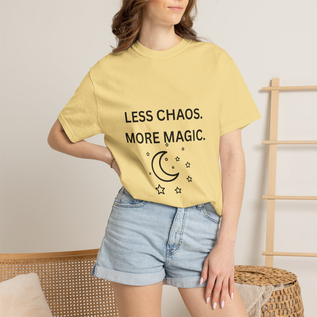 Less Chaos, More Magic T-Shirt — Crescent Moon + Stars Graphic Tee