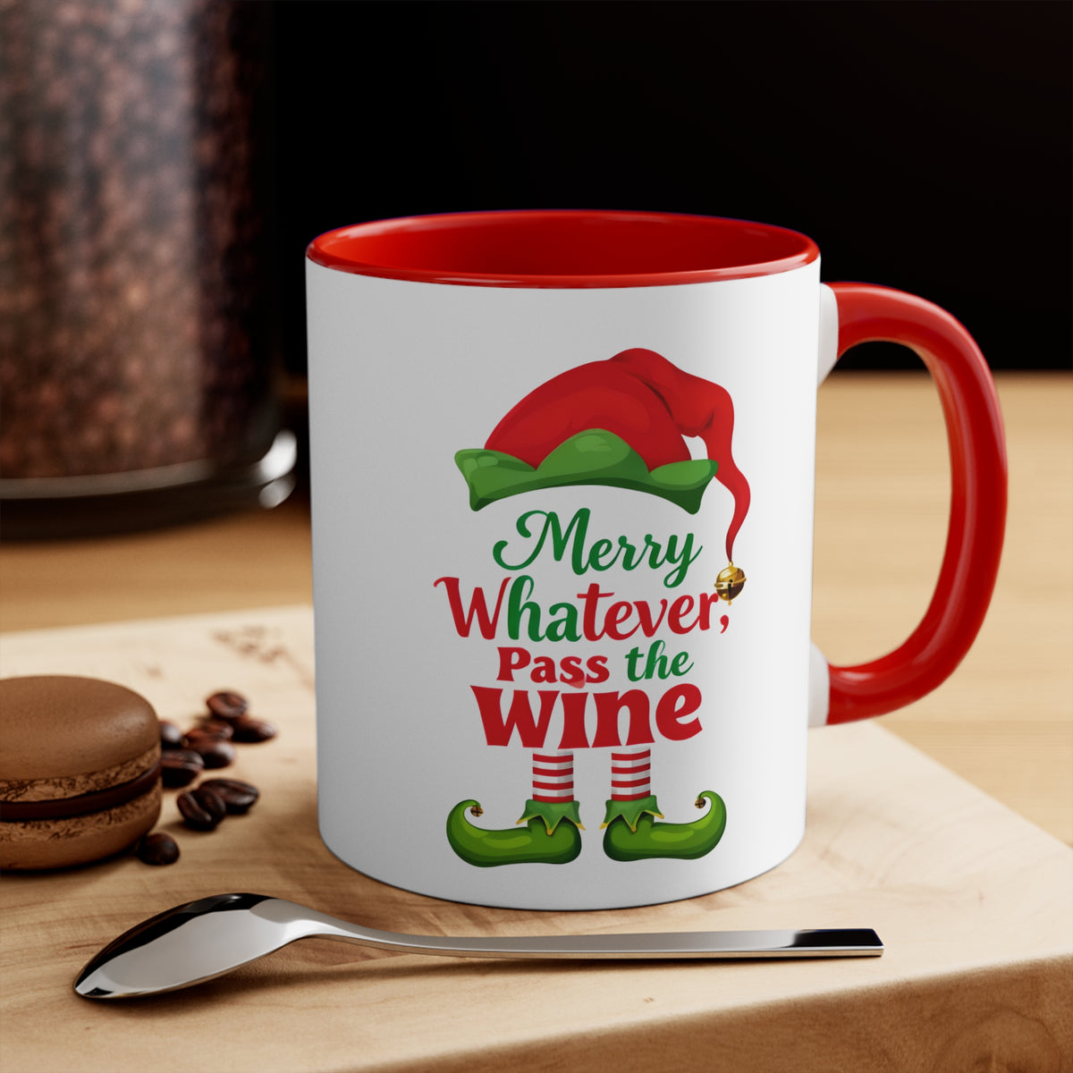 Red coffee mug with spoon, Christmas elf graphic, “Merry Whatever, Pass the Wine”
