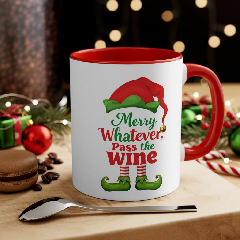 Red coffee mug with spoon, Christmas elf graphic, “Merry Whatever, Pass the Wine”