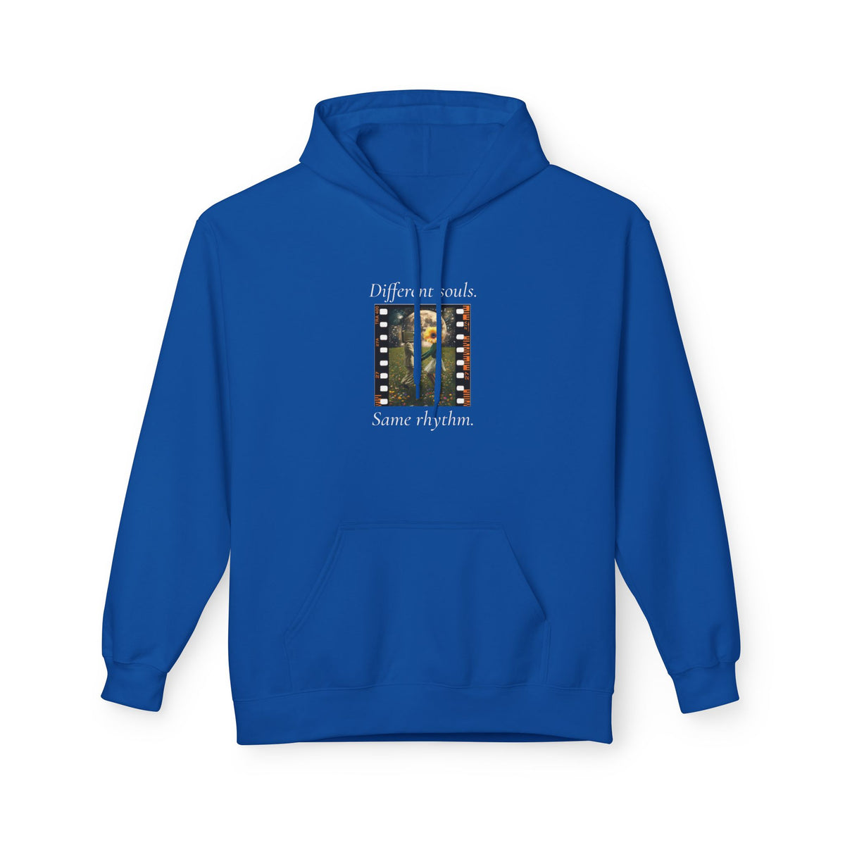 Royal blue pullover hoodie with front pocket, hood, and music-themed graphic chest print