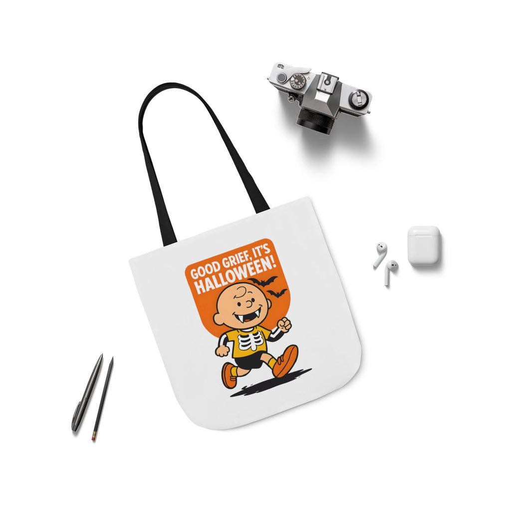 White tote with black handles, front “Good Grief, It’s Halloween!” cartoon print.