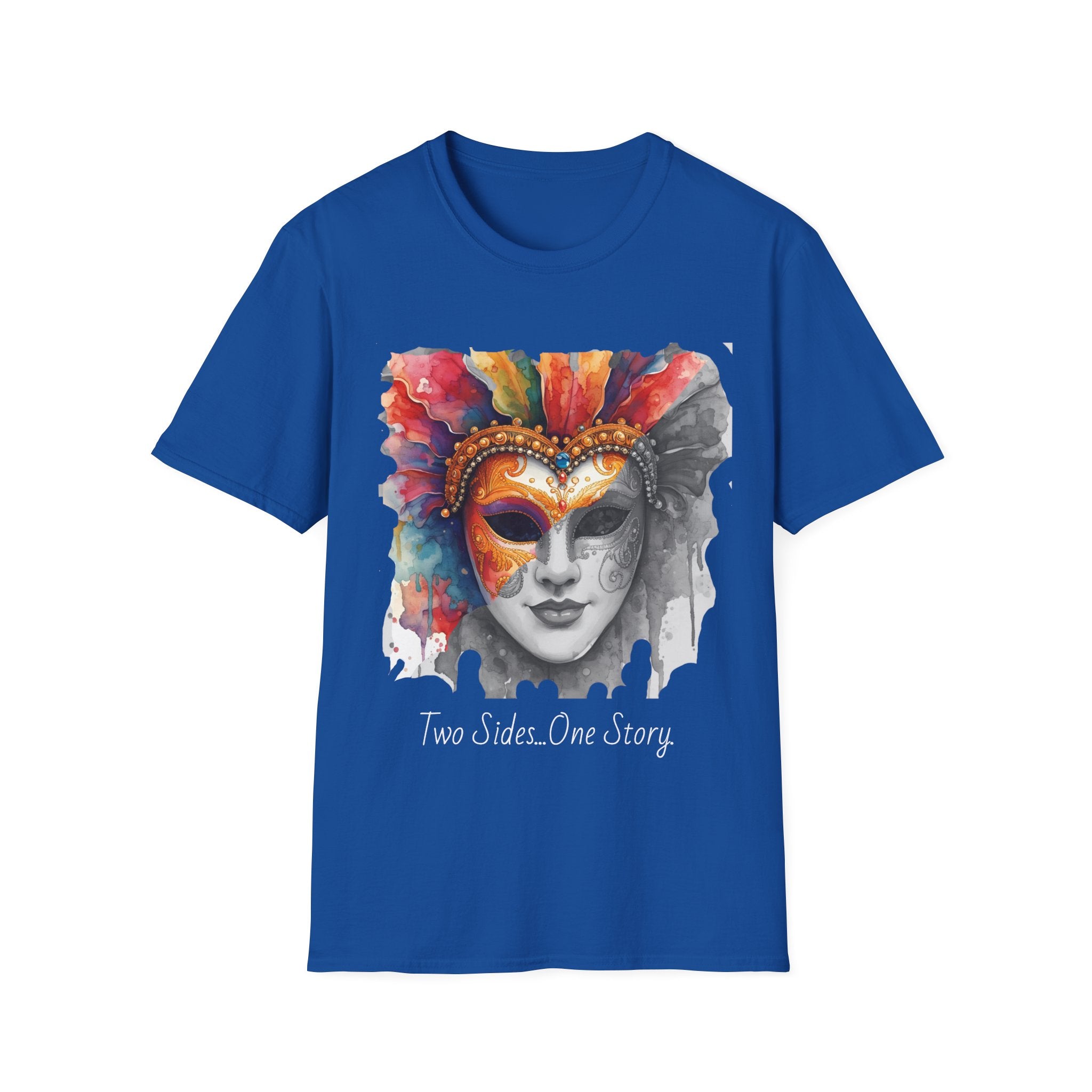 Royal blue face T-shirt with watercolor mask graphic and “Two Sides…One Story” text
