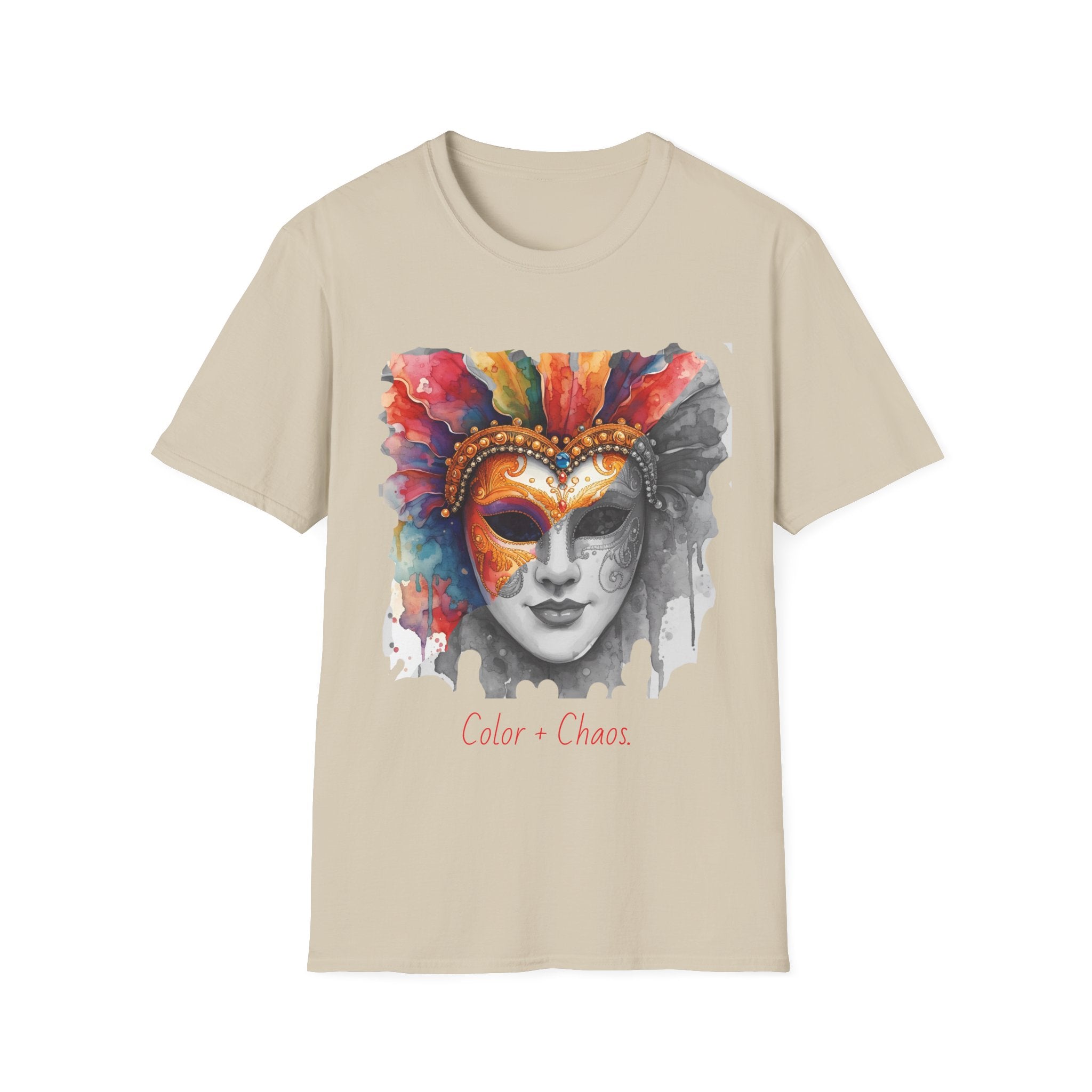 Sand face graphic T-shirt with watercolor masquerade mask print on front