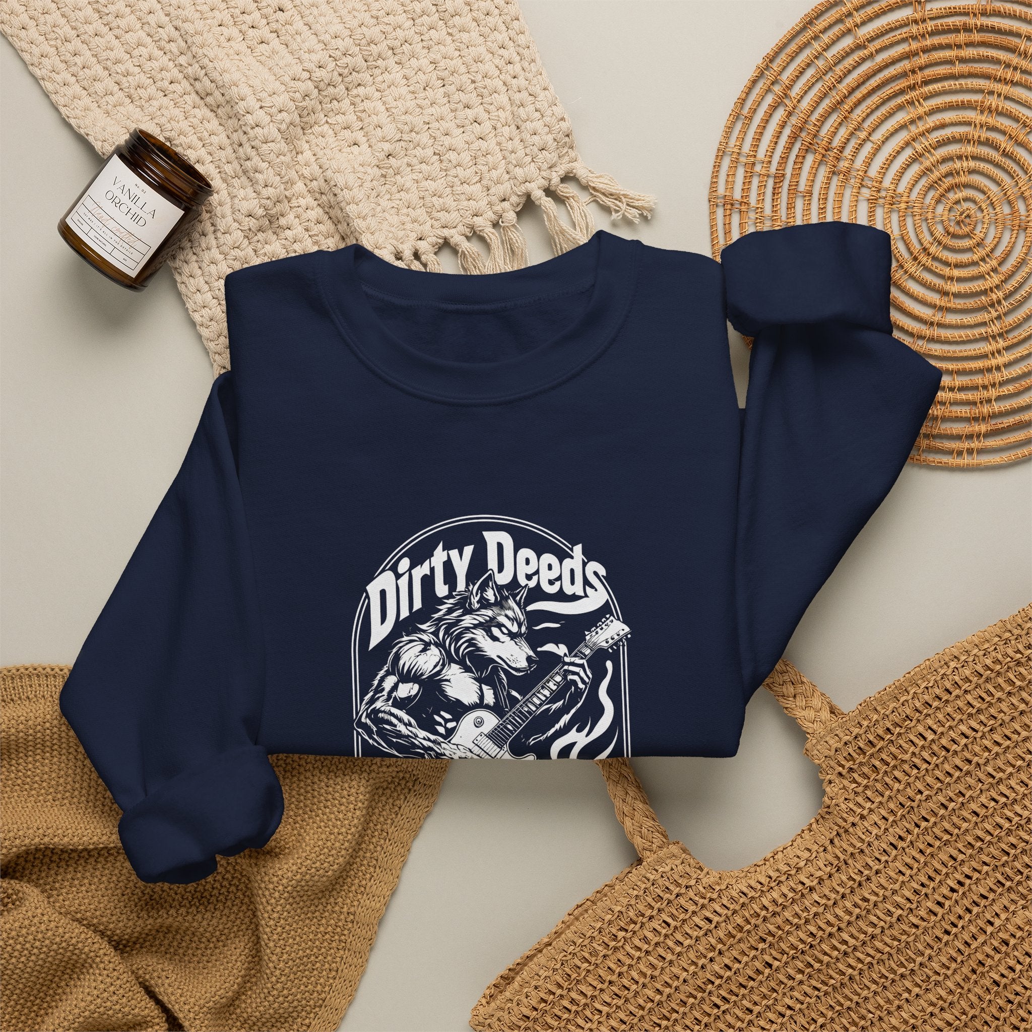Navy crewneck sweatshirt with retro skull guitar graphic on the front
