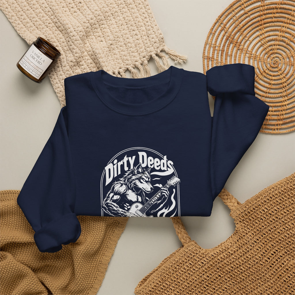 Crewneck Sweatshirt — 'Dirty Deeds Done Dirt Cheap' Retro Skull Graphic