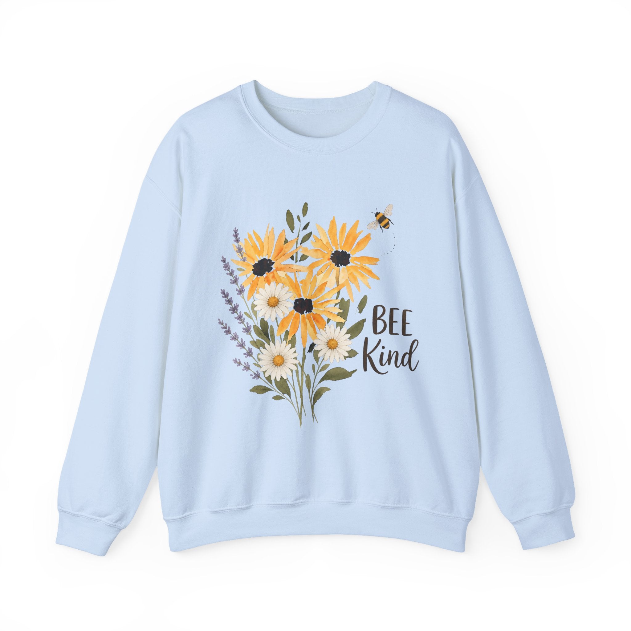 Light blue crewneck sweatshirt with sunflower bouquet graphic and 'Bee Kind' text