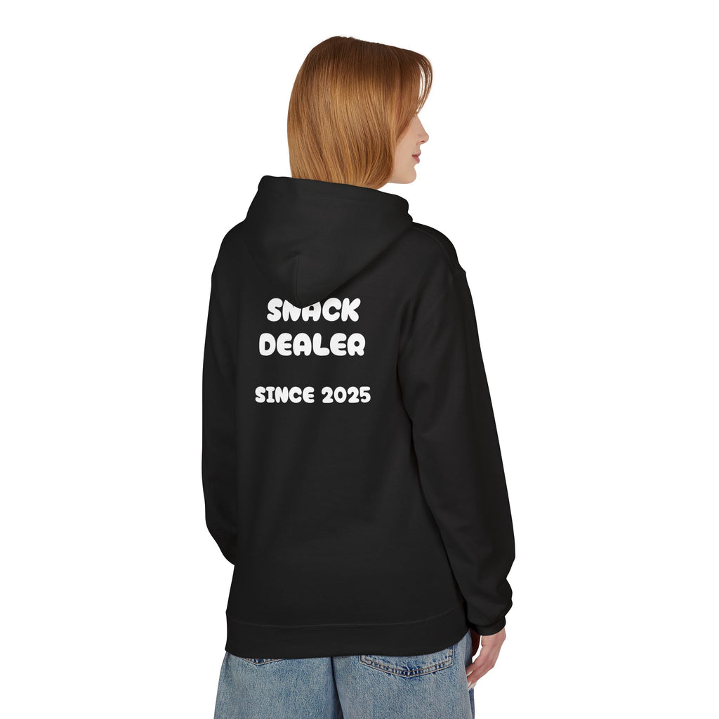 Black hoodie, side view on model, with 'SNACK DEALER SINCE 2025' back print