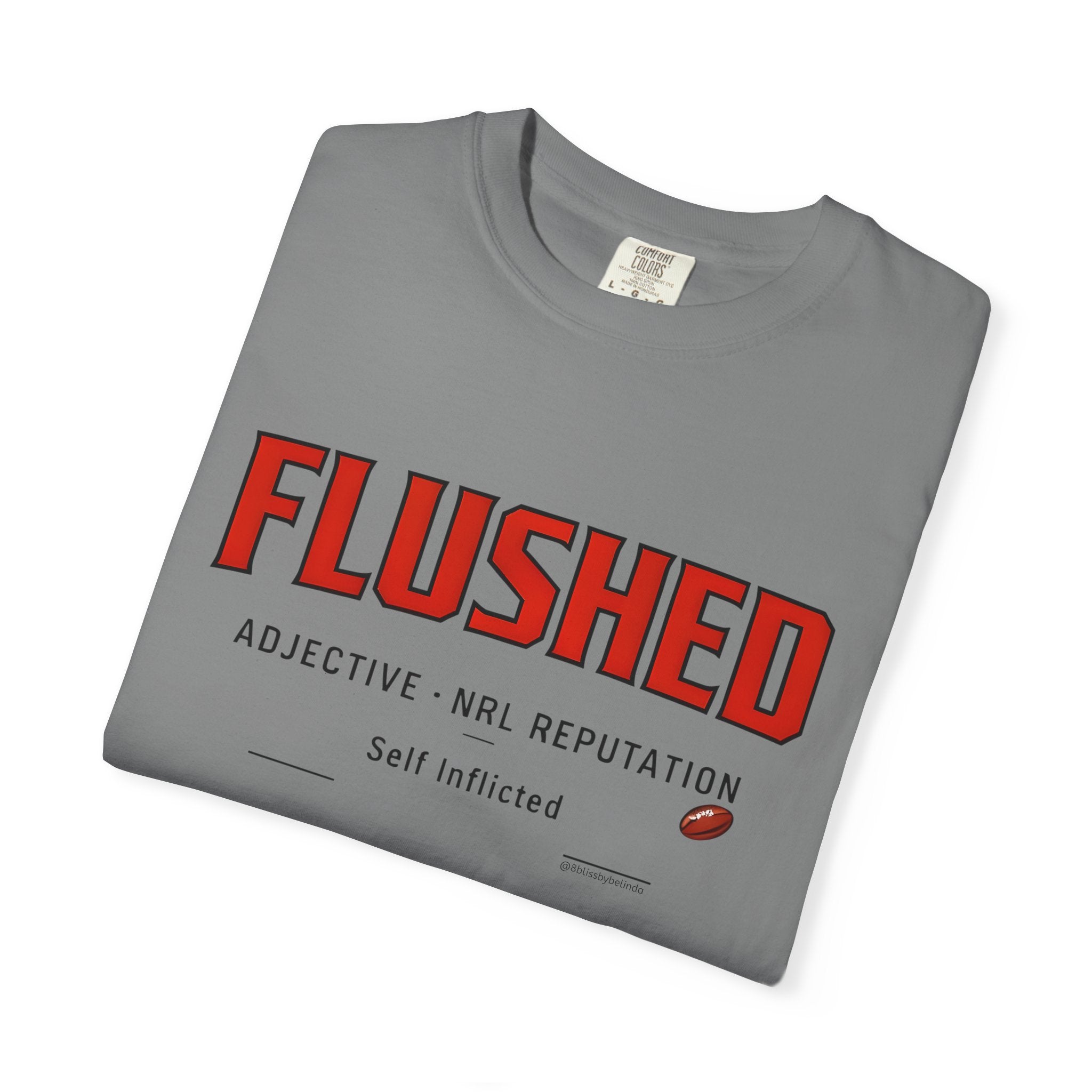 Grey graphic T-shirt with red FLUSHED definition print on front