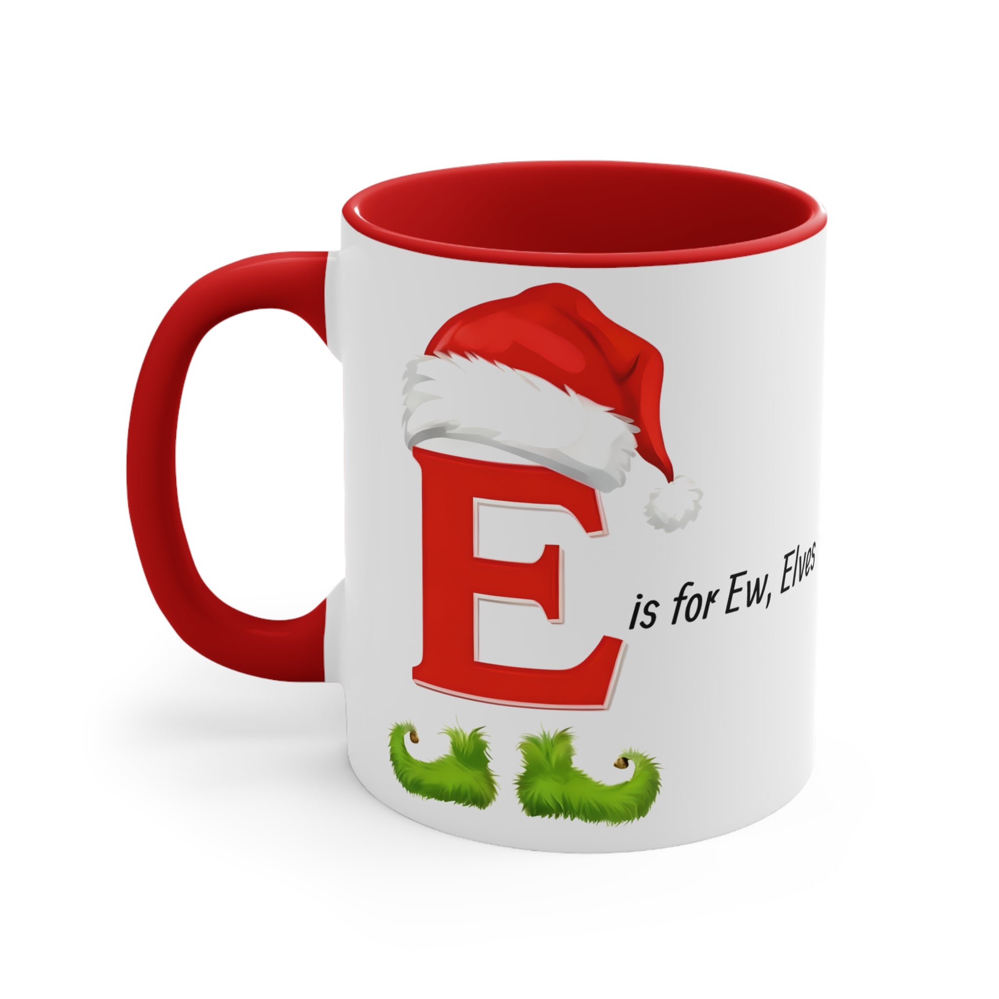 Christmas letter E mug with red handle; white cup with red E, santa hat and green elf feet