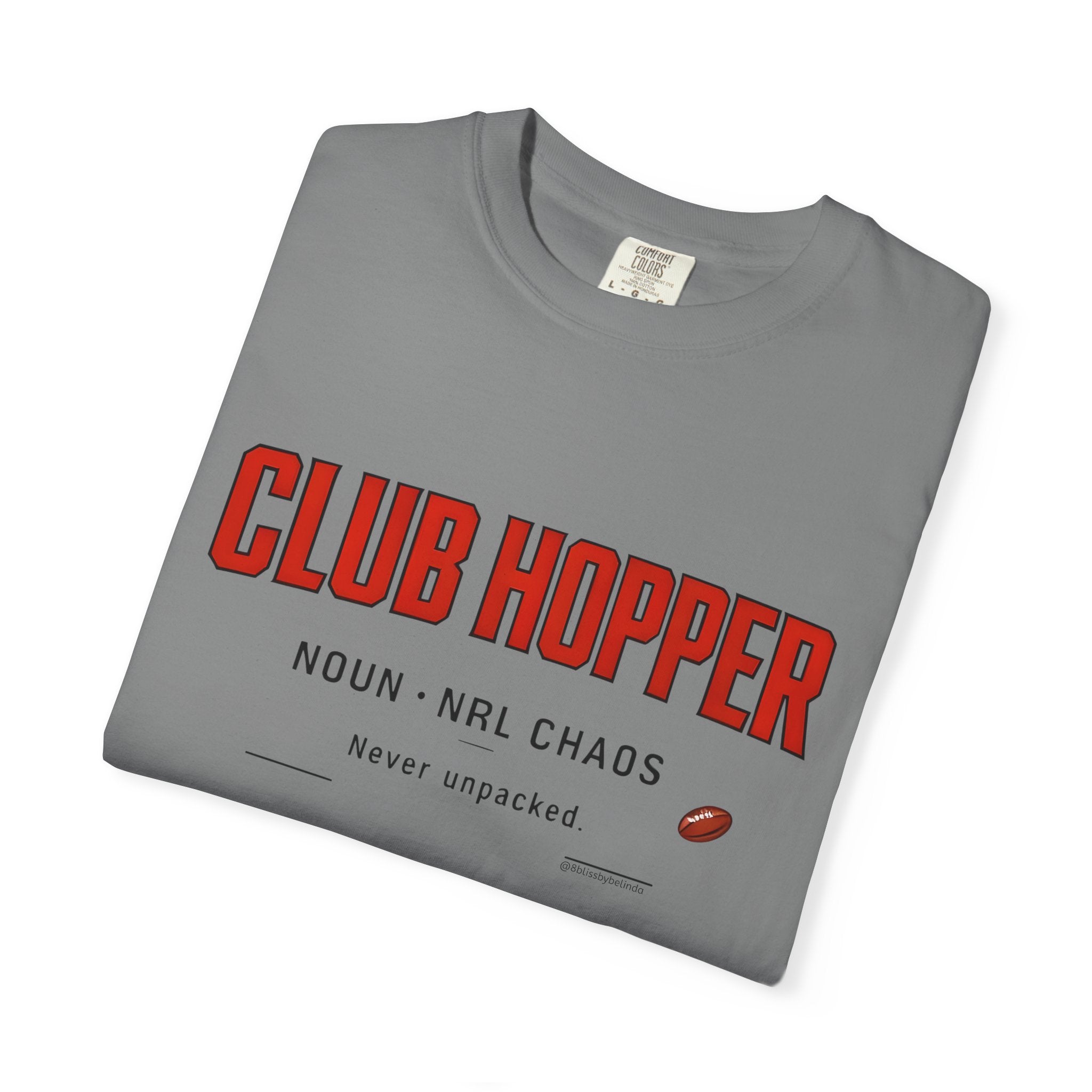 Grey crewneck t-shirt with red 'Club Hopper' graphic print and slogan text