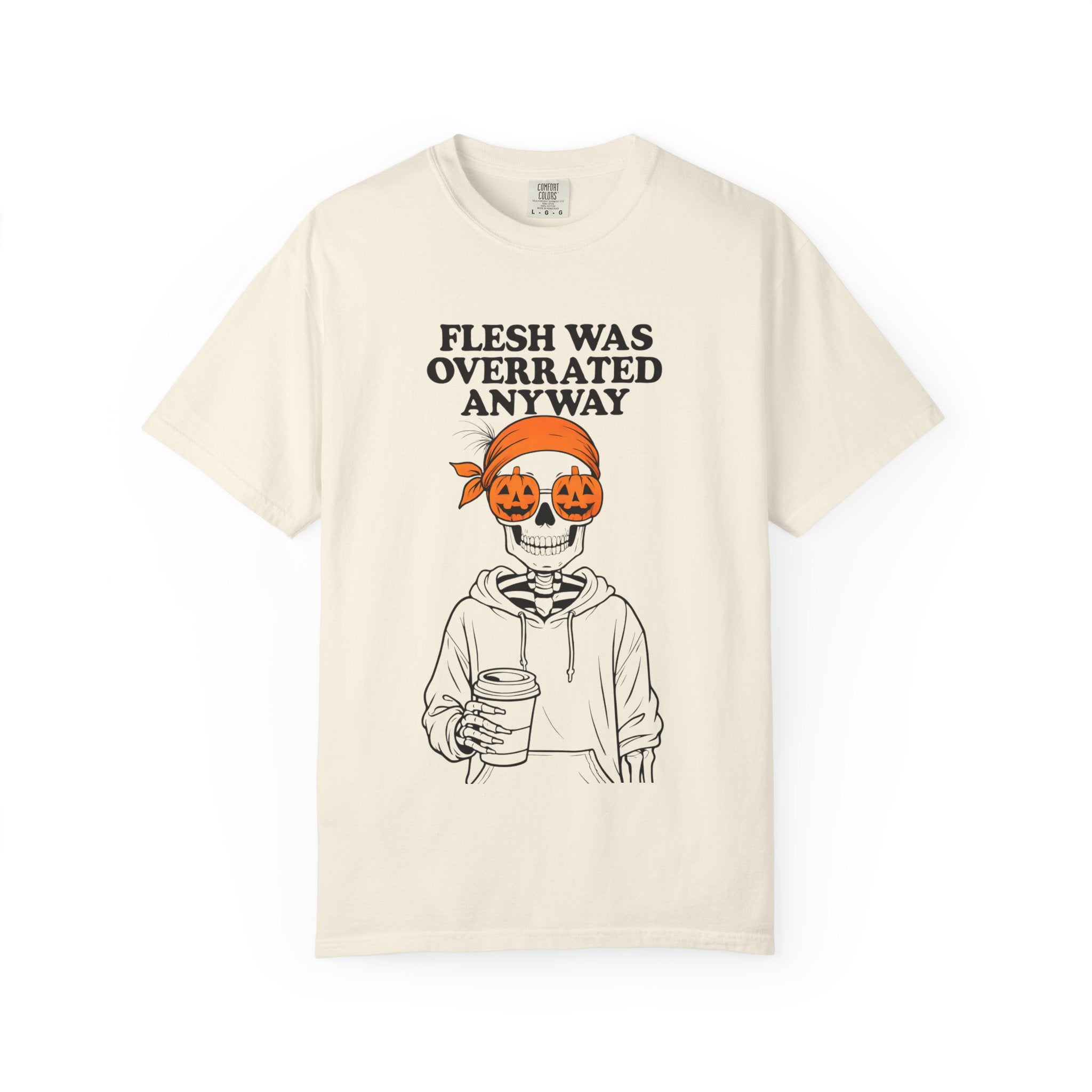 Ivory graphic T-shirt with skull skeleton in hoodie holding a drink and jack-o-lantern faces